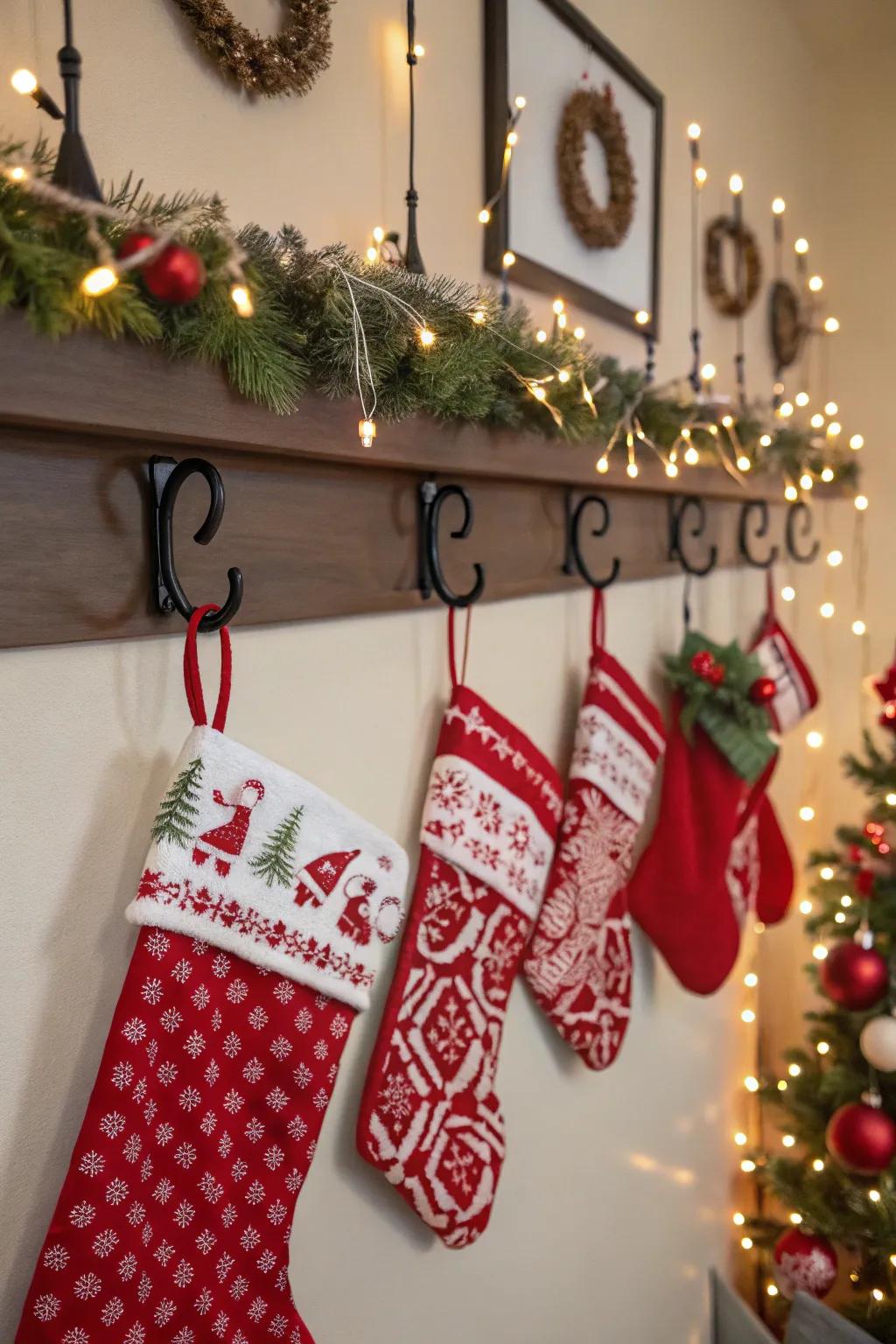 Wall hooks presenting a sophisticated means of displaying stockings.