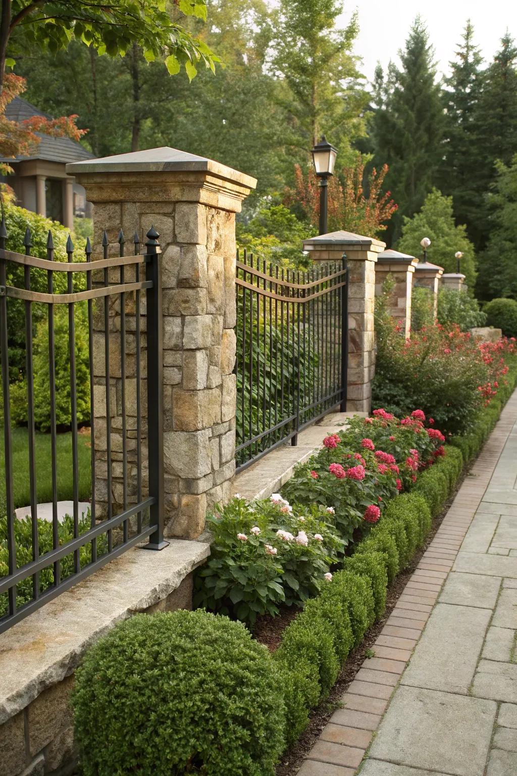 A stone and iron fence beautifully merged with garden landscaping.