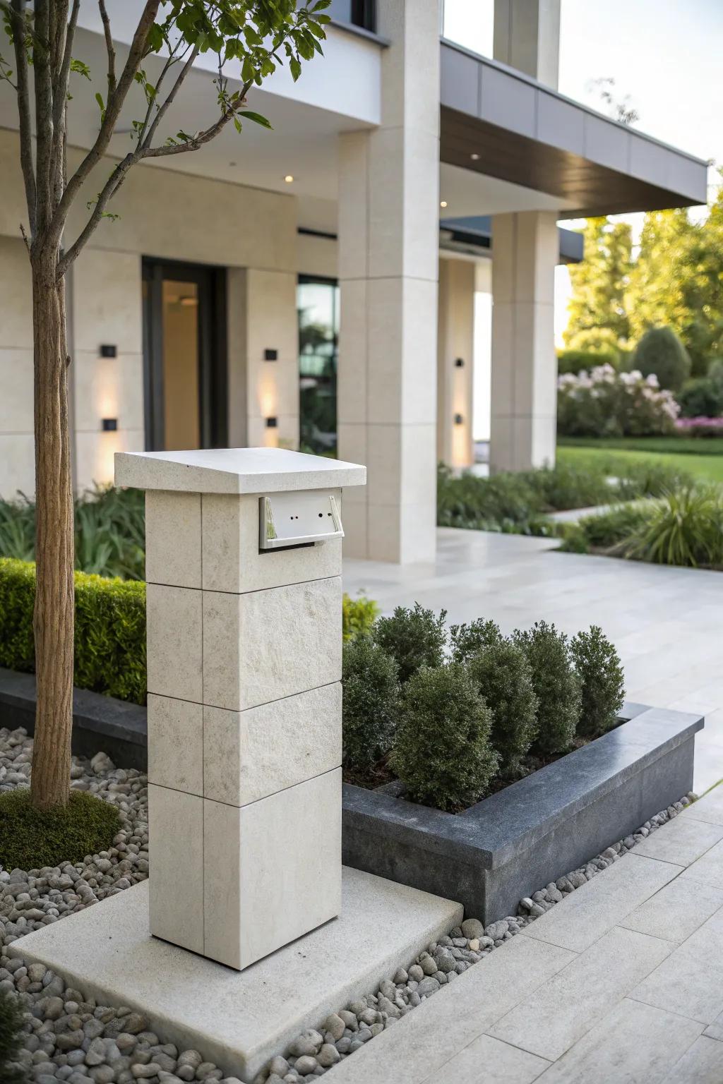 A modern stone mailbox showcases clean lines and understated beauty.