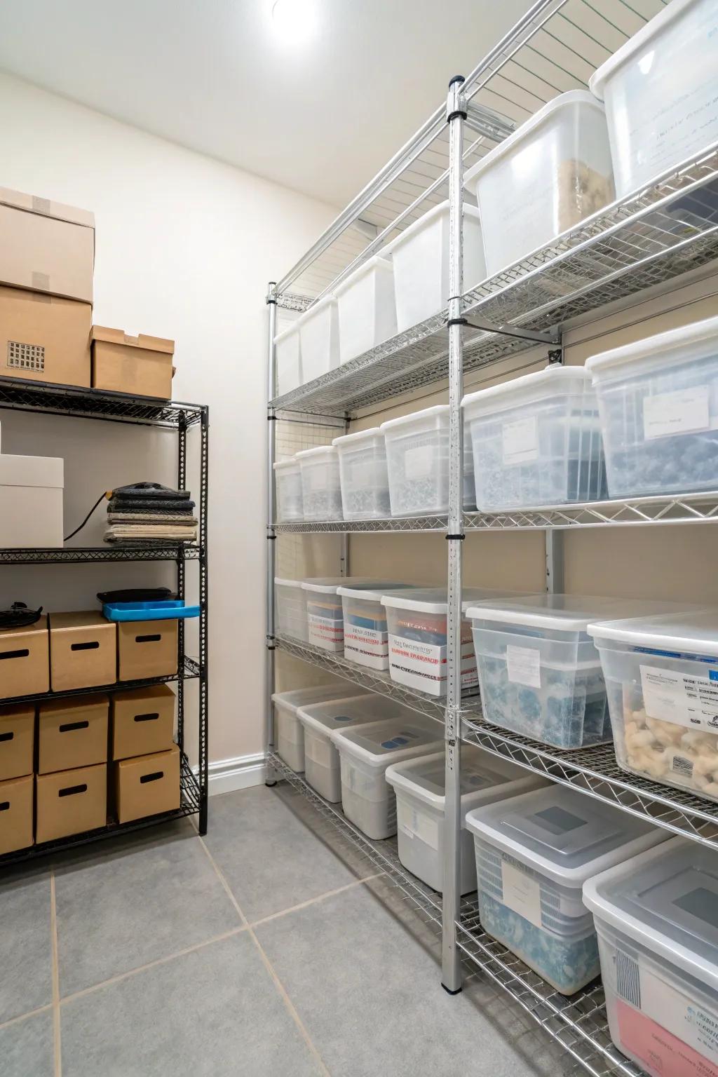 A light and airy storage choice is provided by wire shelving.