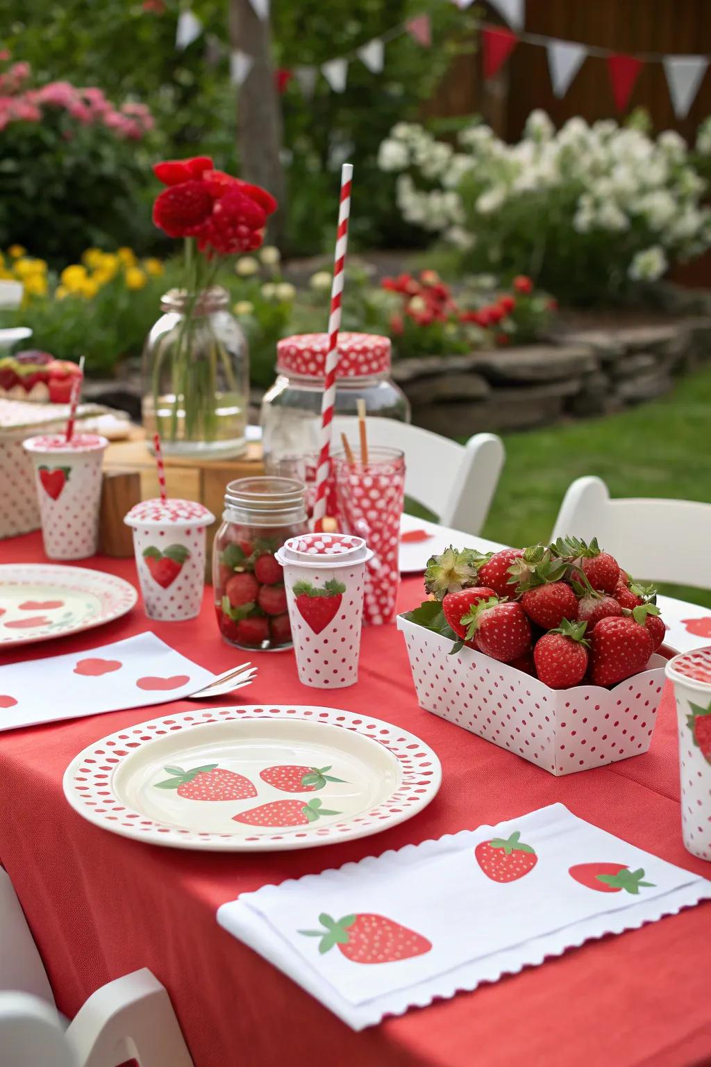 A charming garden celebration adorned with strawberry-inspired ornaments.