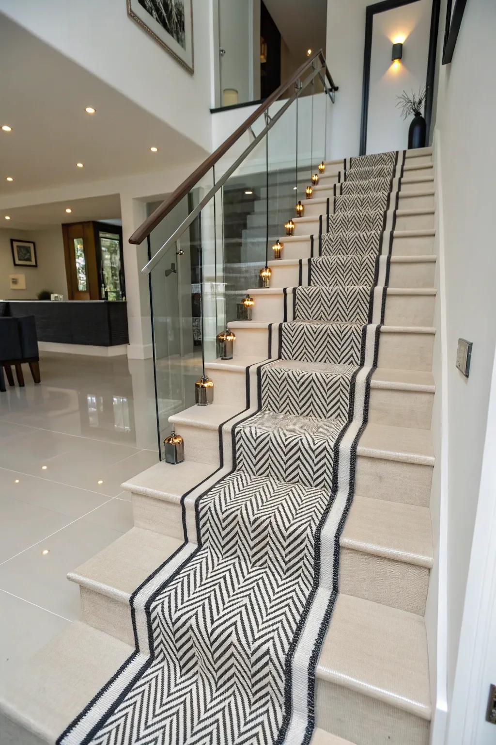 A modern reinterpretation with diagonal stripes resulting in a lively staircase design.