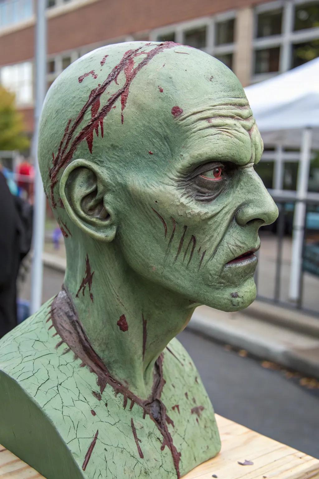 A zombie head exhibiting an unsettlingly authentic appearance.