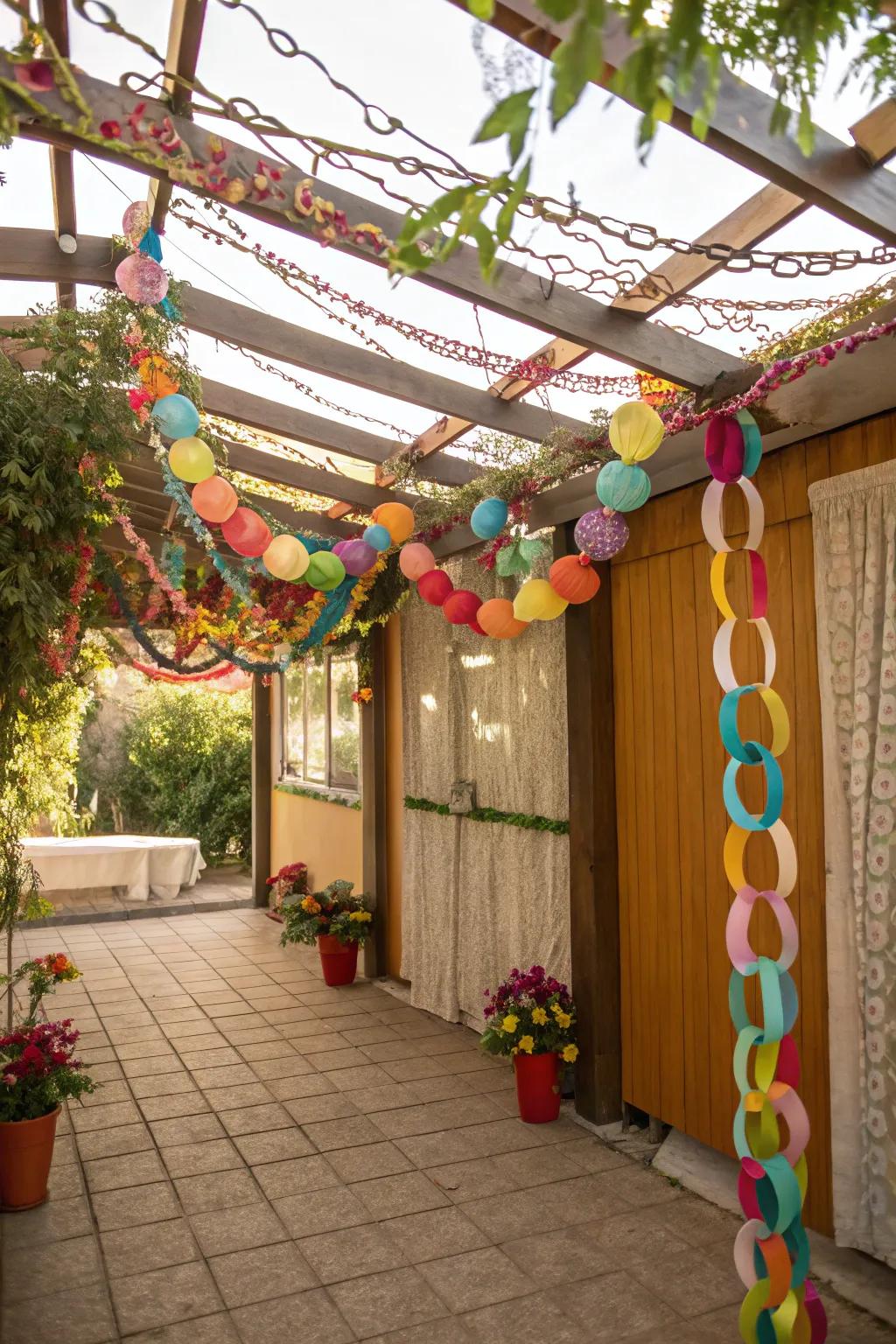 A playful sukkah decorated with vibrant paper swags.