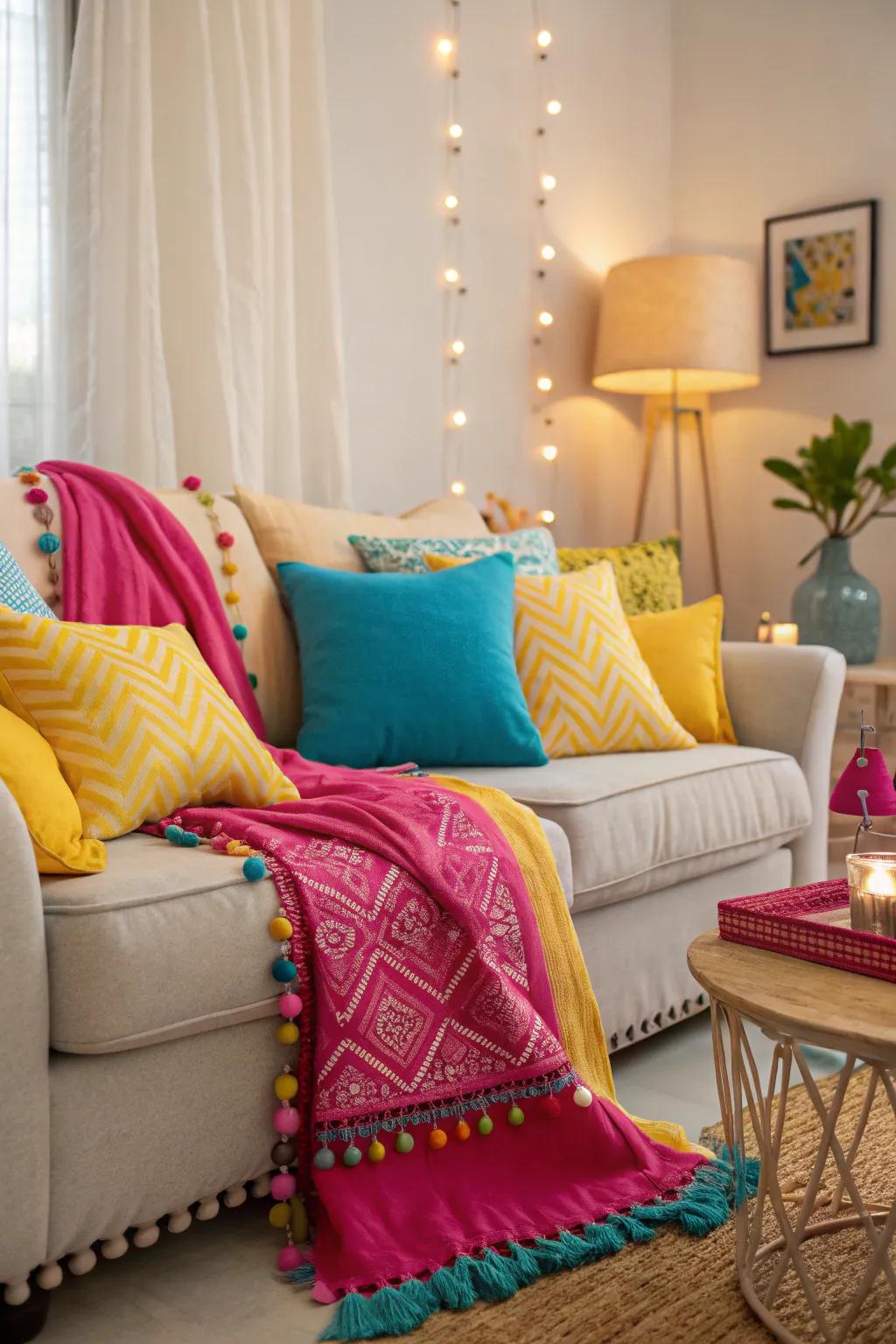 Eye-catching accent cushions and decorative wraps introduce a pop of summer color into this living area.