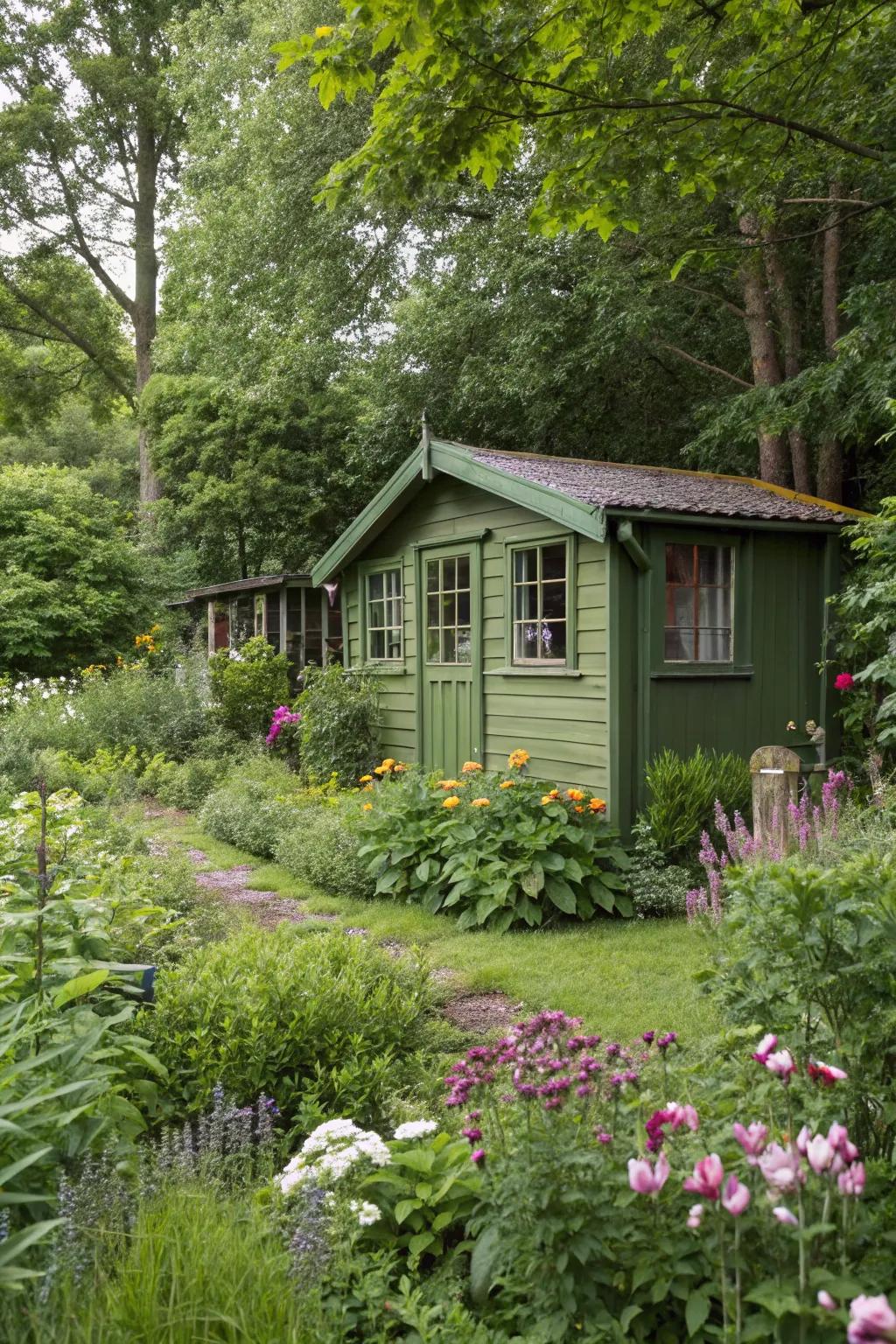 A summer house in earthy green harmoniously merges with its lush garden surroundings.