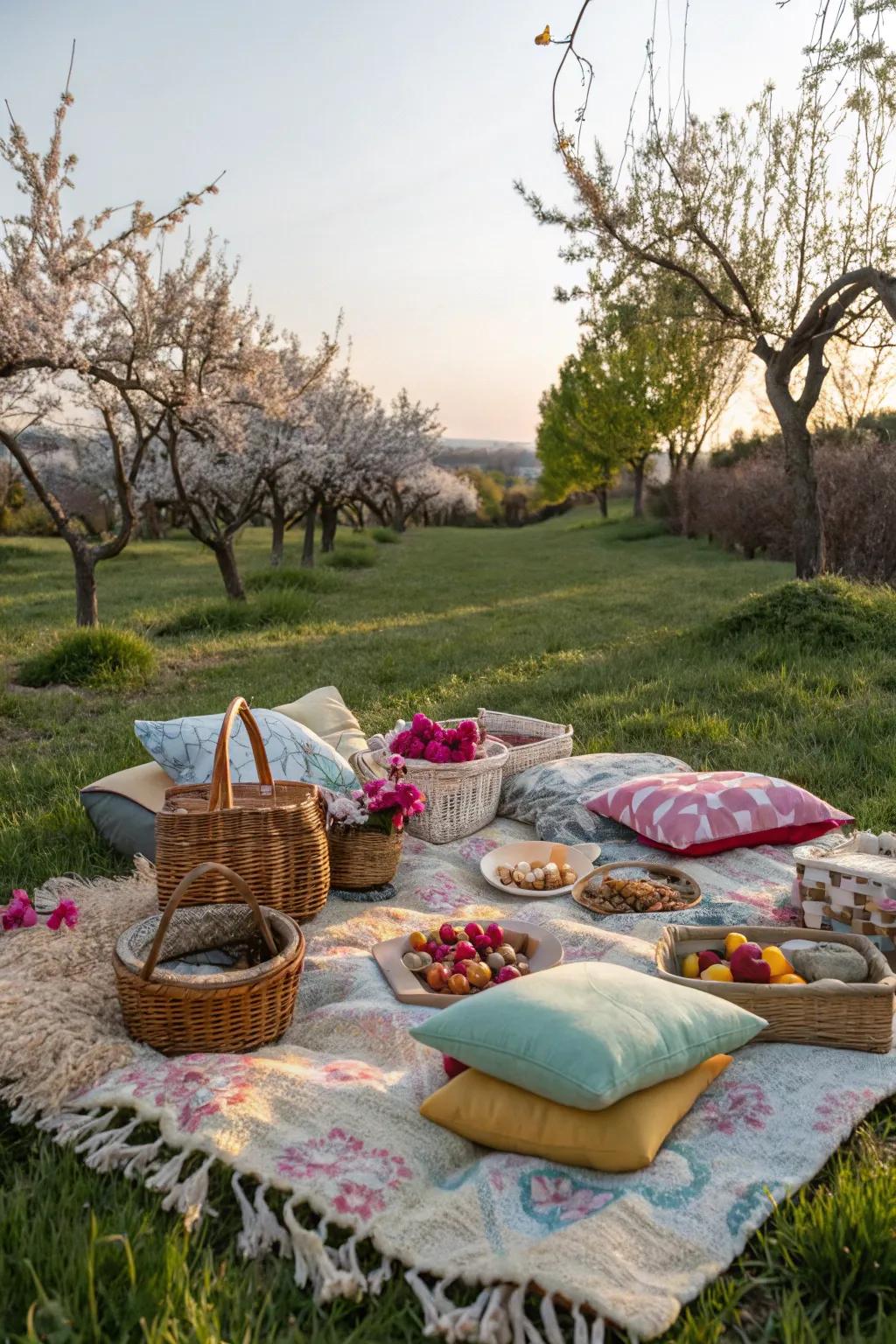 An inviting picnic arrangement featuring textiles and soft cushions.