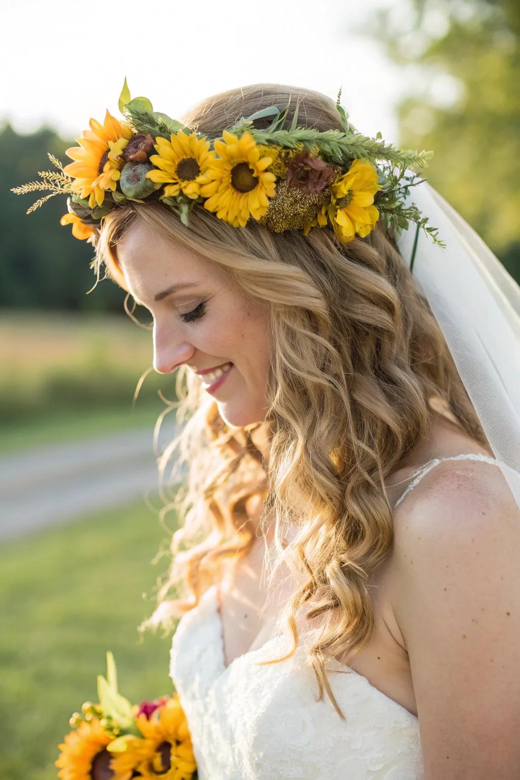 A bride embellished with a sunshine bloom garland, flaunting a spirited hairdo.