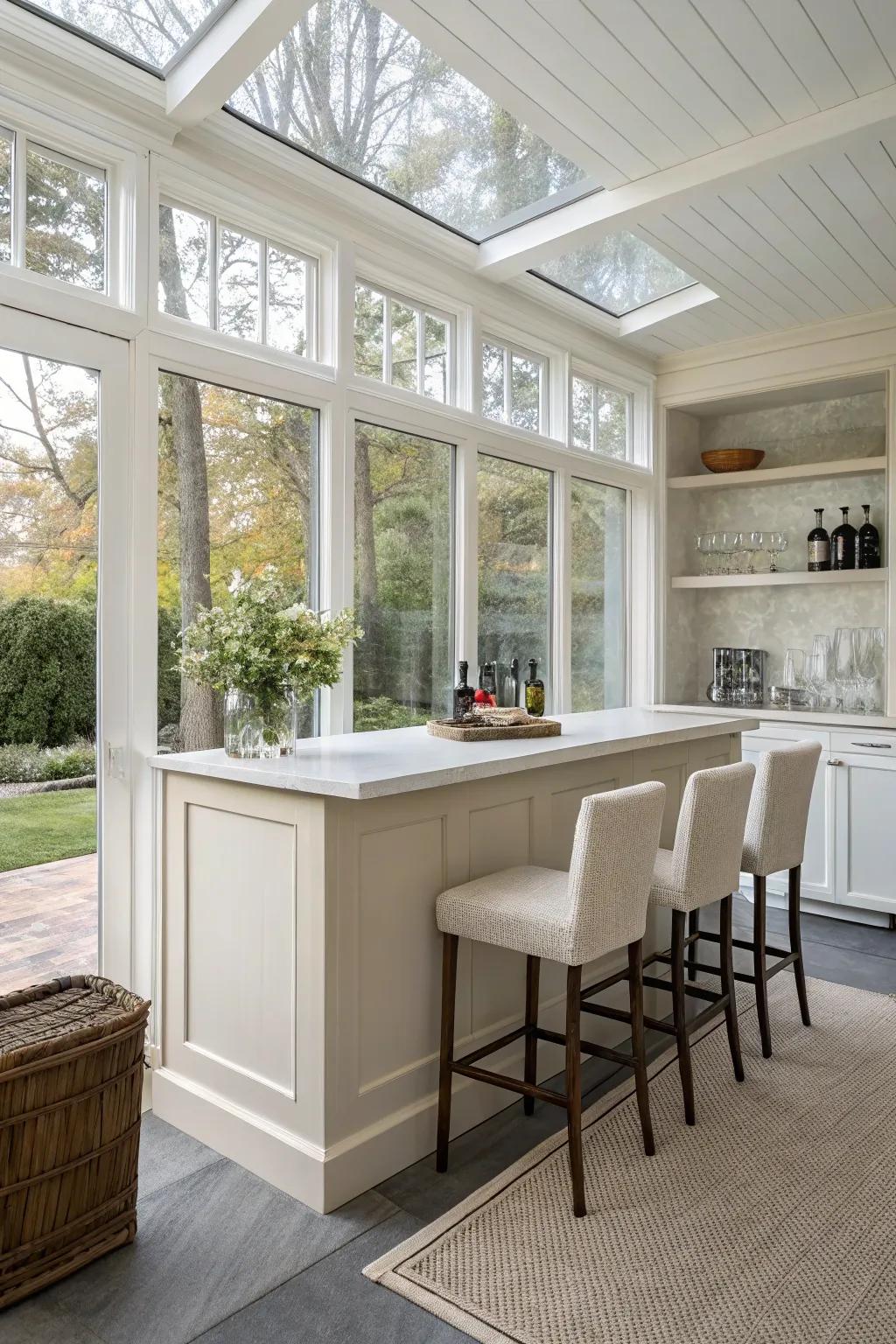 A minimalist design ensures your sunroom bar remains elegant and airy.