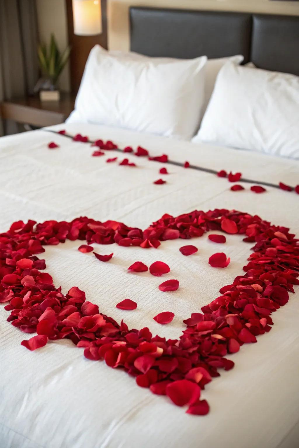 Passionate floral petals artistically laid out on the bed.