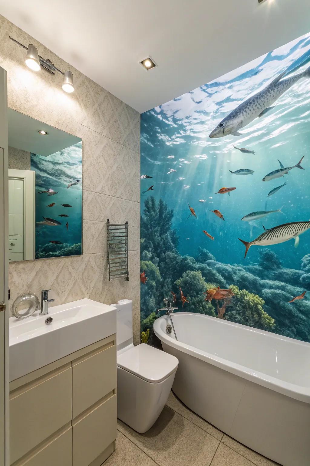 A powder room presents aquatic animals swimming overhead.