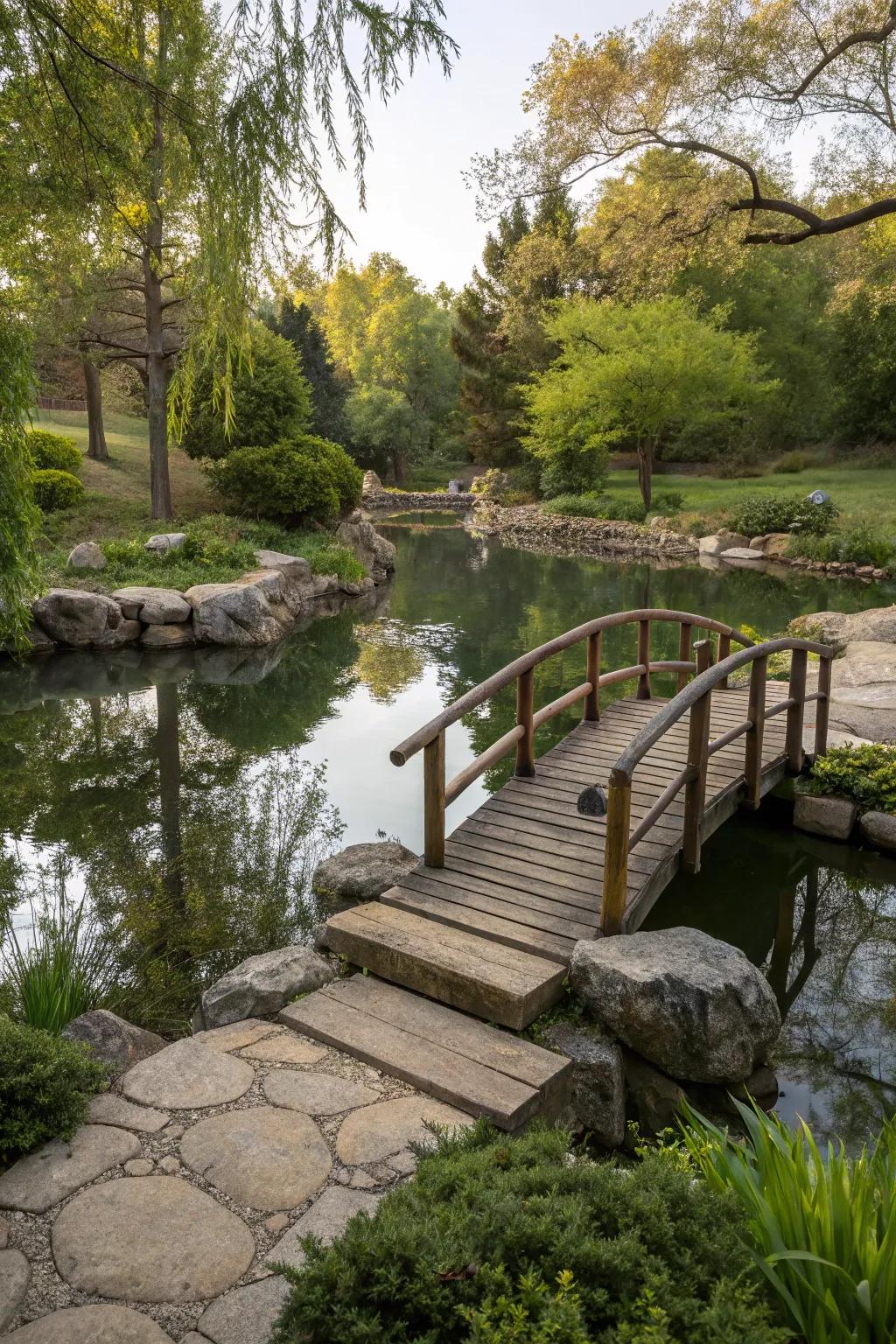 A charming wooden bridge adds character to the swimming pond.
