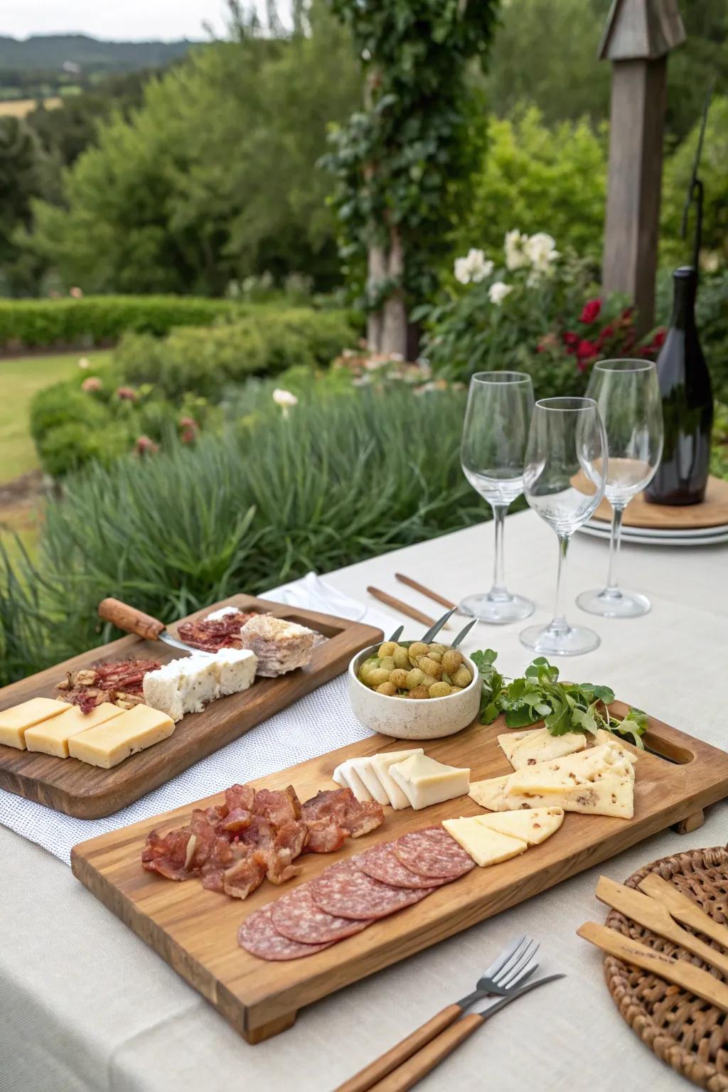 Wooden serving planks enhance barbecue presentations with a rustic touch.