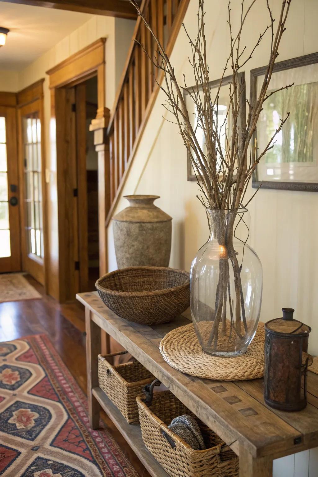 A rustic tall glass vase featuring organic limbs, enriching the entrance with a hint of the outdoors.
