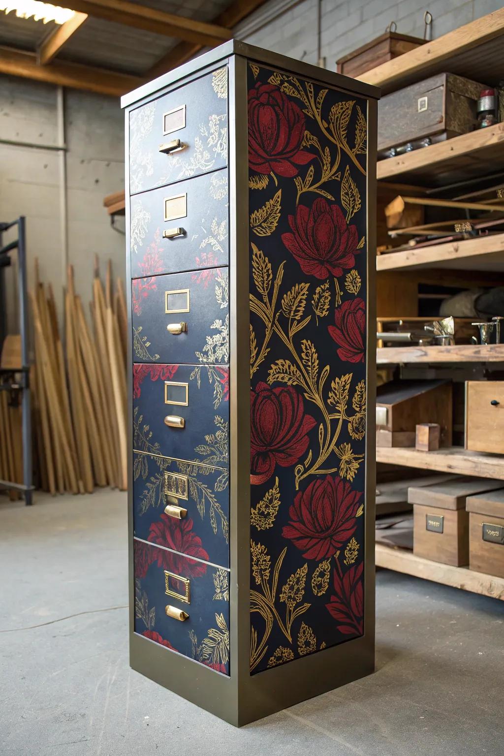 Upgrade your workspace with vintage charm: a striking filing cabinet makeover blending metal and floral grace.