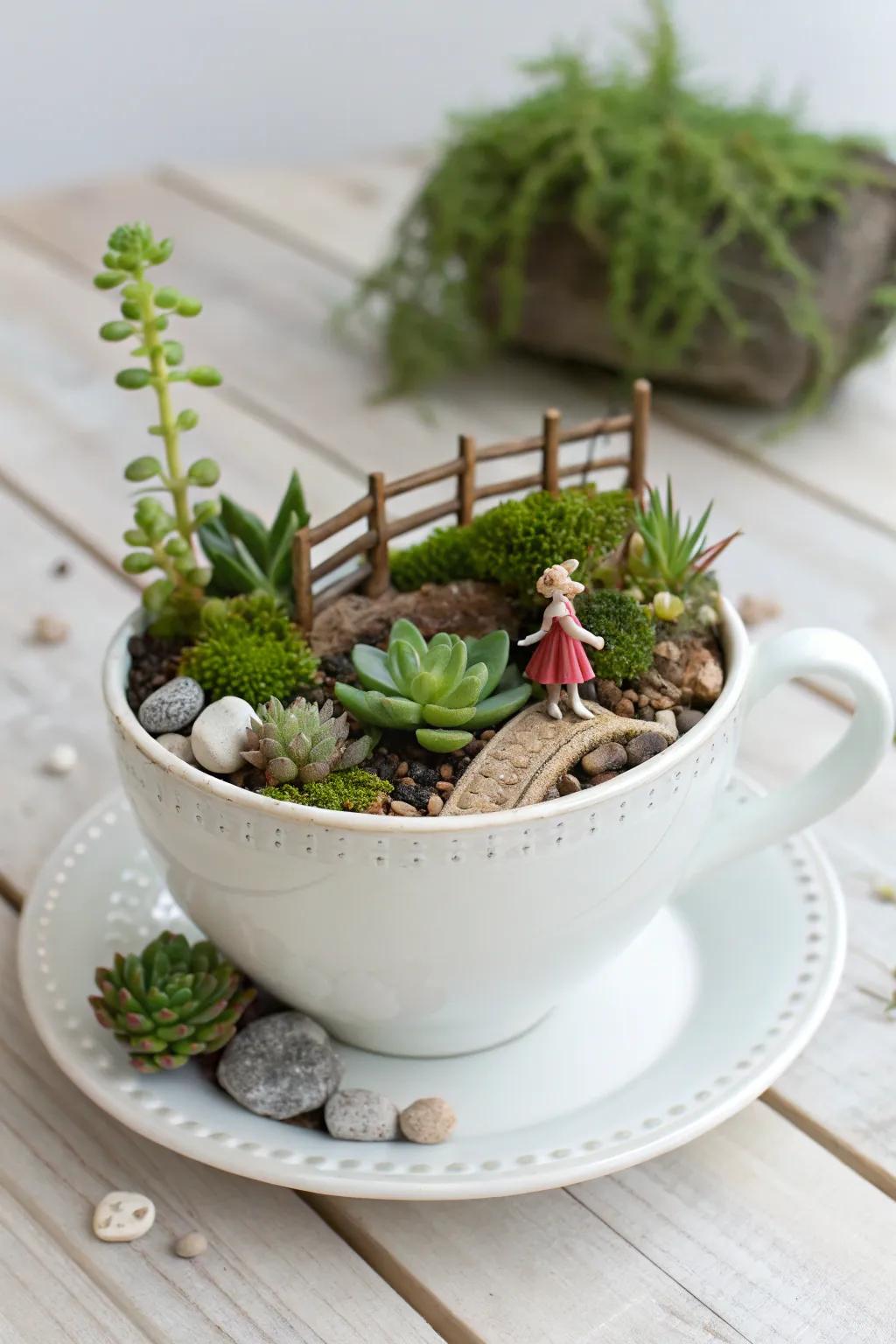 Enchant your area with a miniature fairy habitat teacup—where enchantment complements minimalist styling!