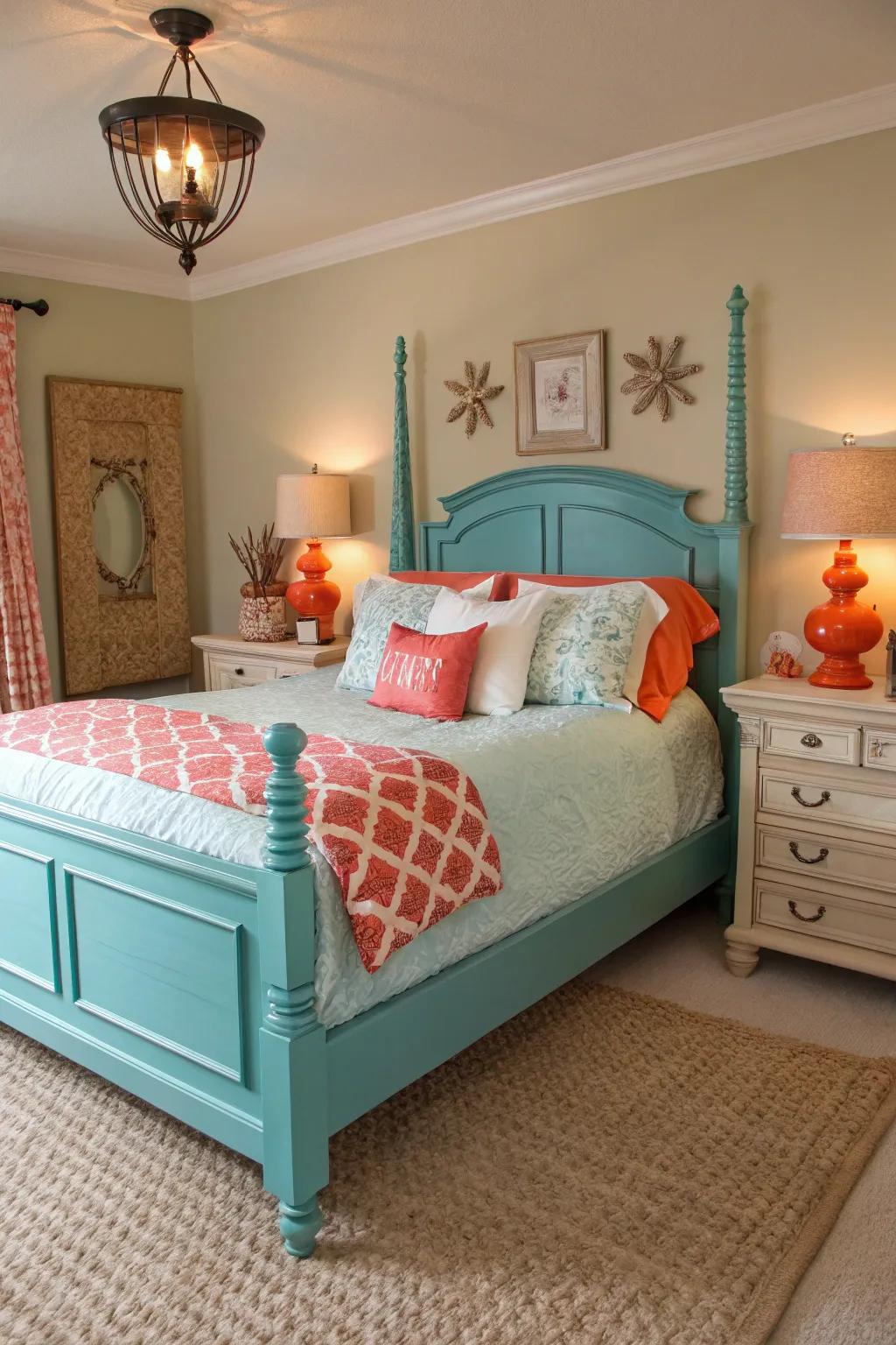 Sea-green bed frame enhanced by sunset-orange pieces for refinement.