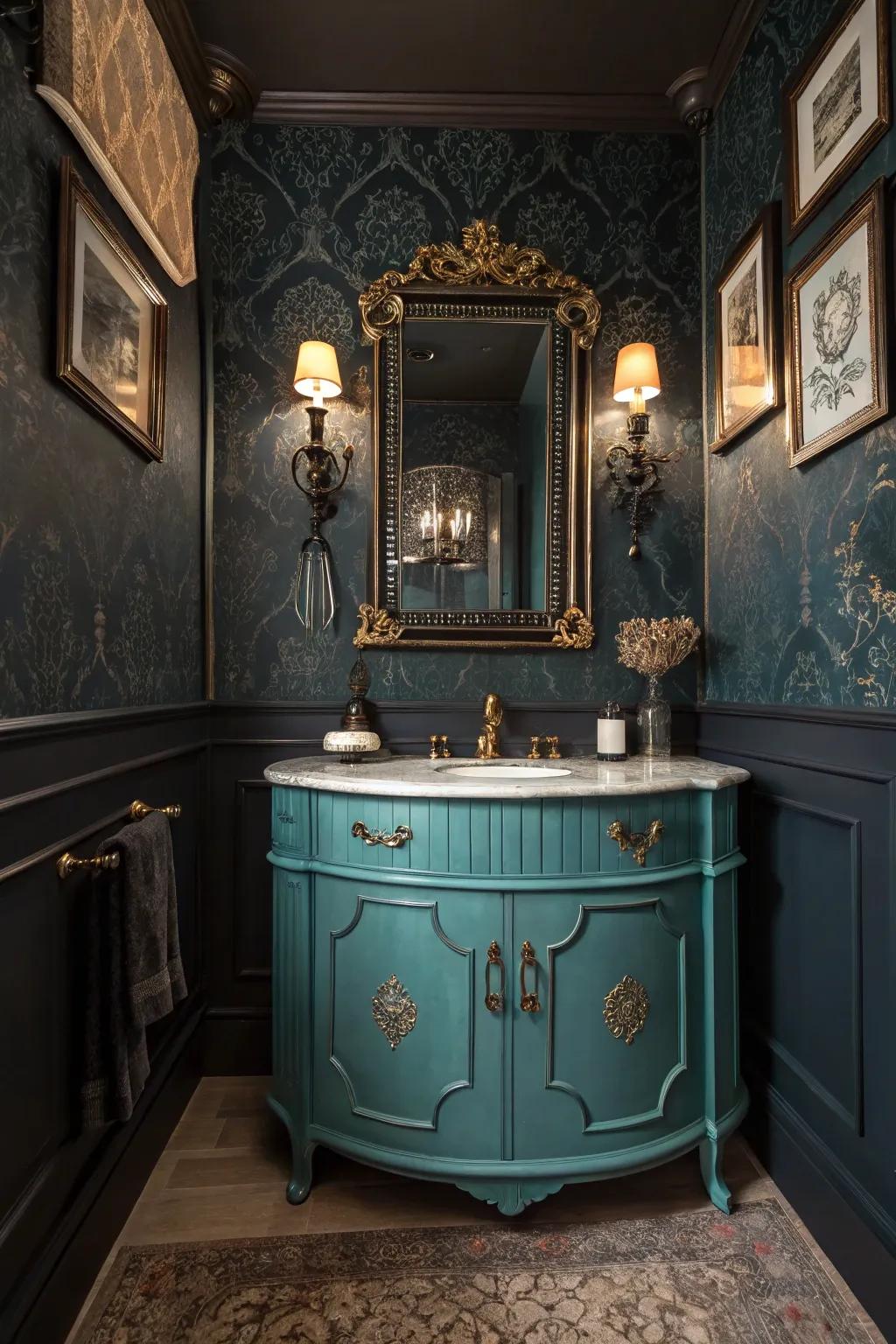 Let your vanity be the focal point with a vintage azure-tinted piece.
