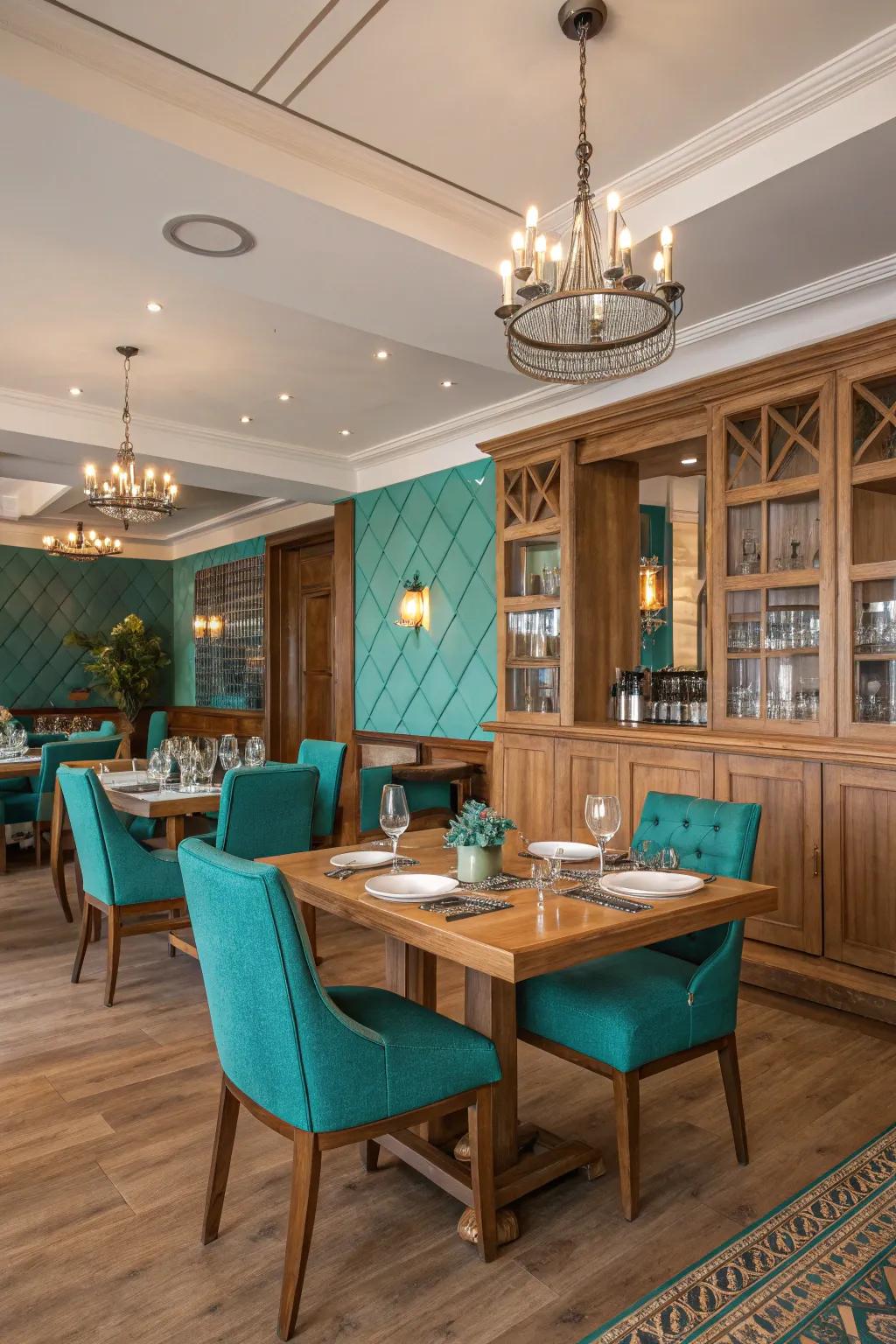 Teal and timber construct a symbiotic dining ambiance
