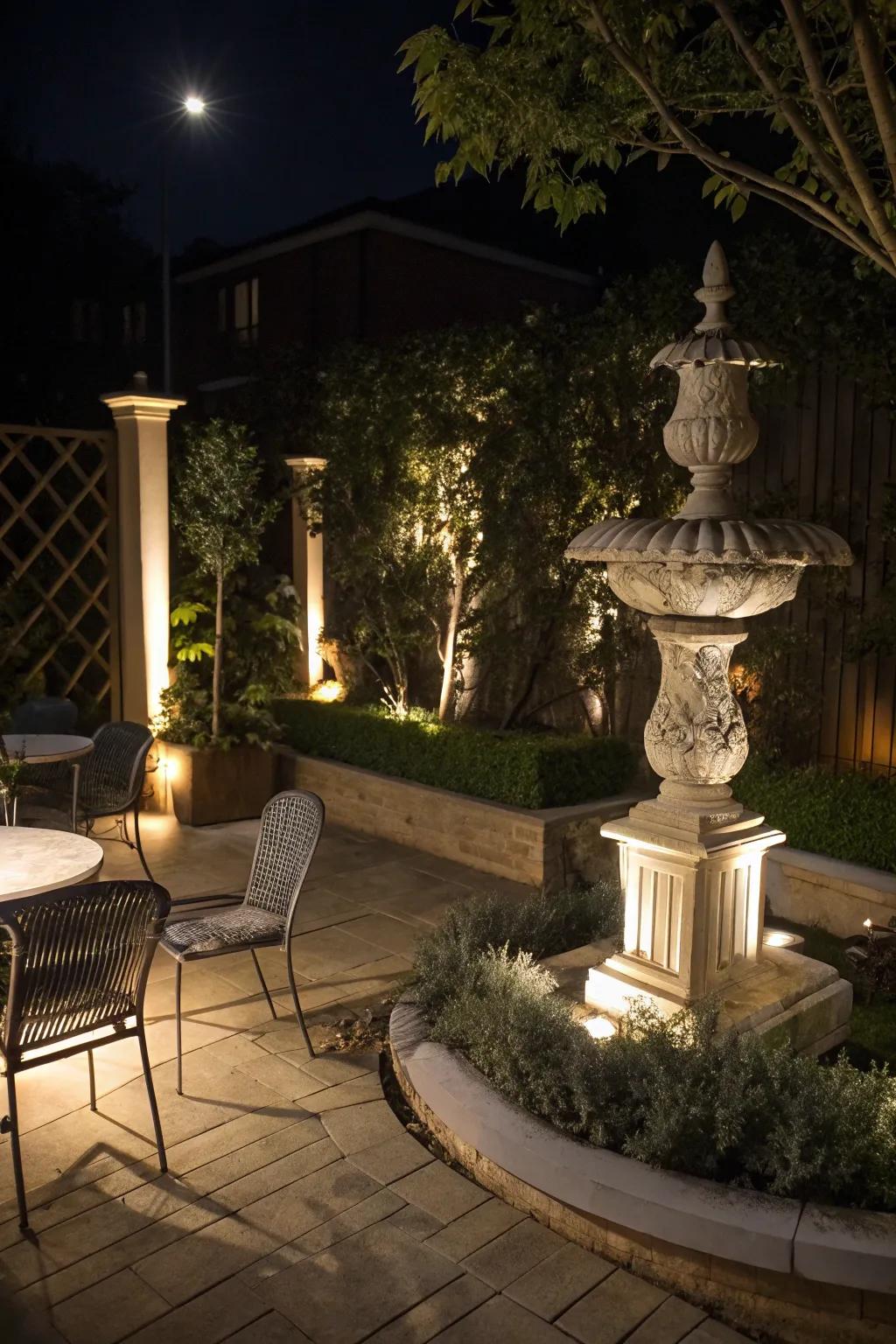 Spotlights can transform everyday features into striking focal points.