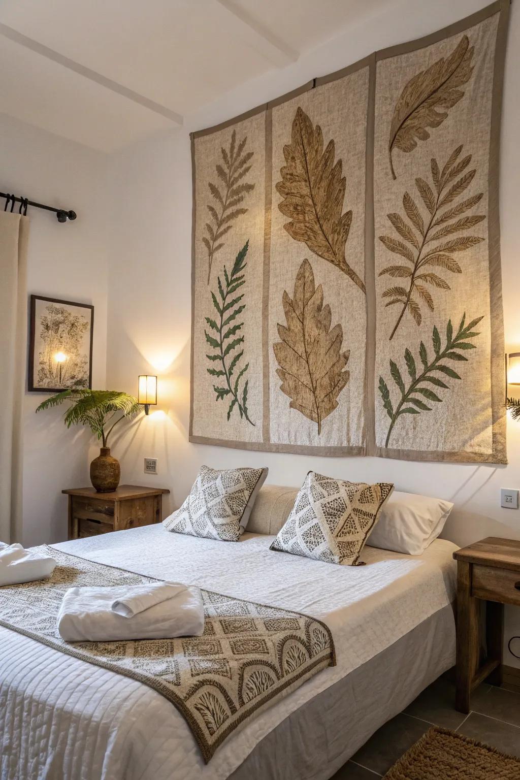 Nature-inspired leaf patterns create a calming mood in this tranquil bedroom.