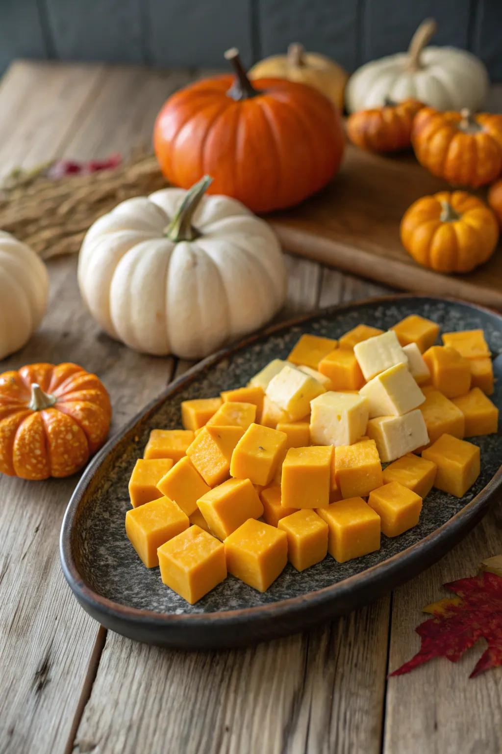 A heartwarming cheese and pumpkin platter that captures the essence of autumn.