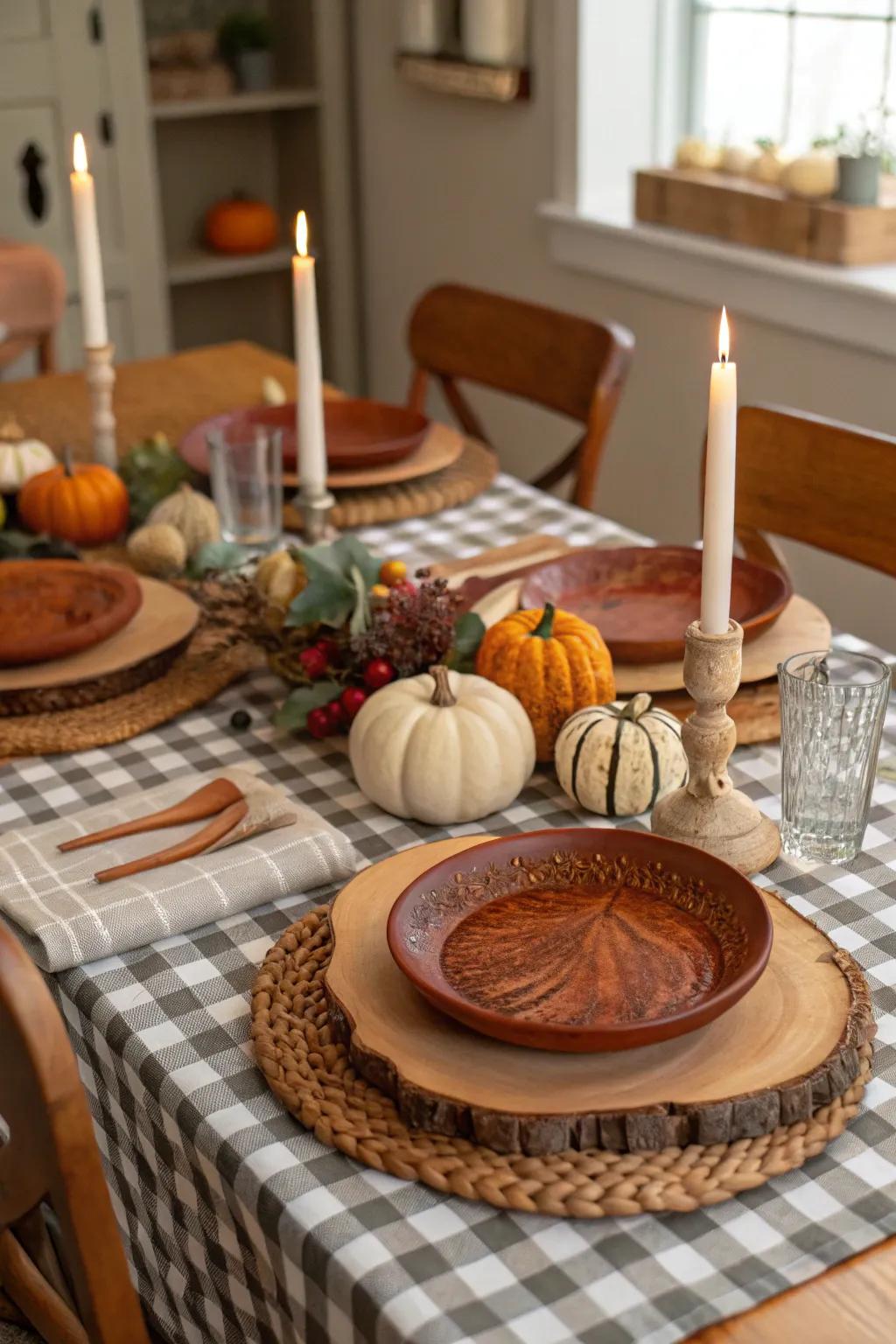 Your tablescape will have a rustic appeal thanks to the wooden elements.