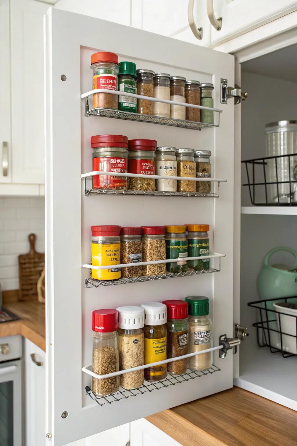 Clever door storage for spices and small kitchen items.