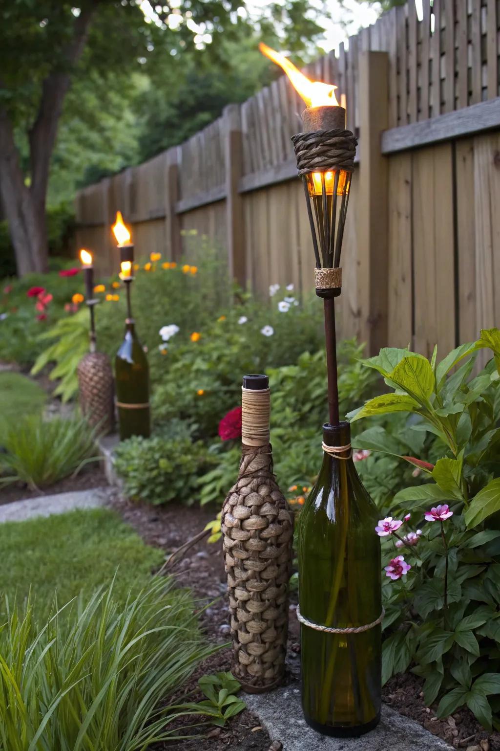 Repurpose wine bottles into personalized flame posts.
