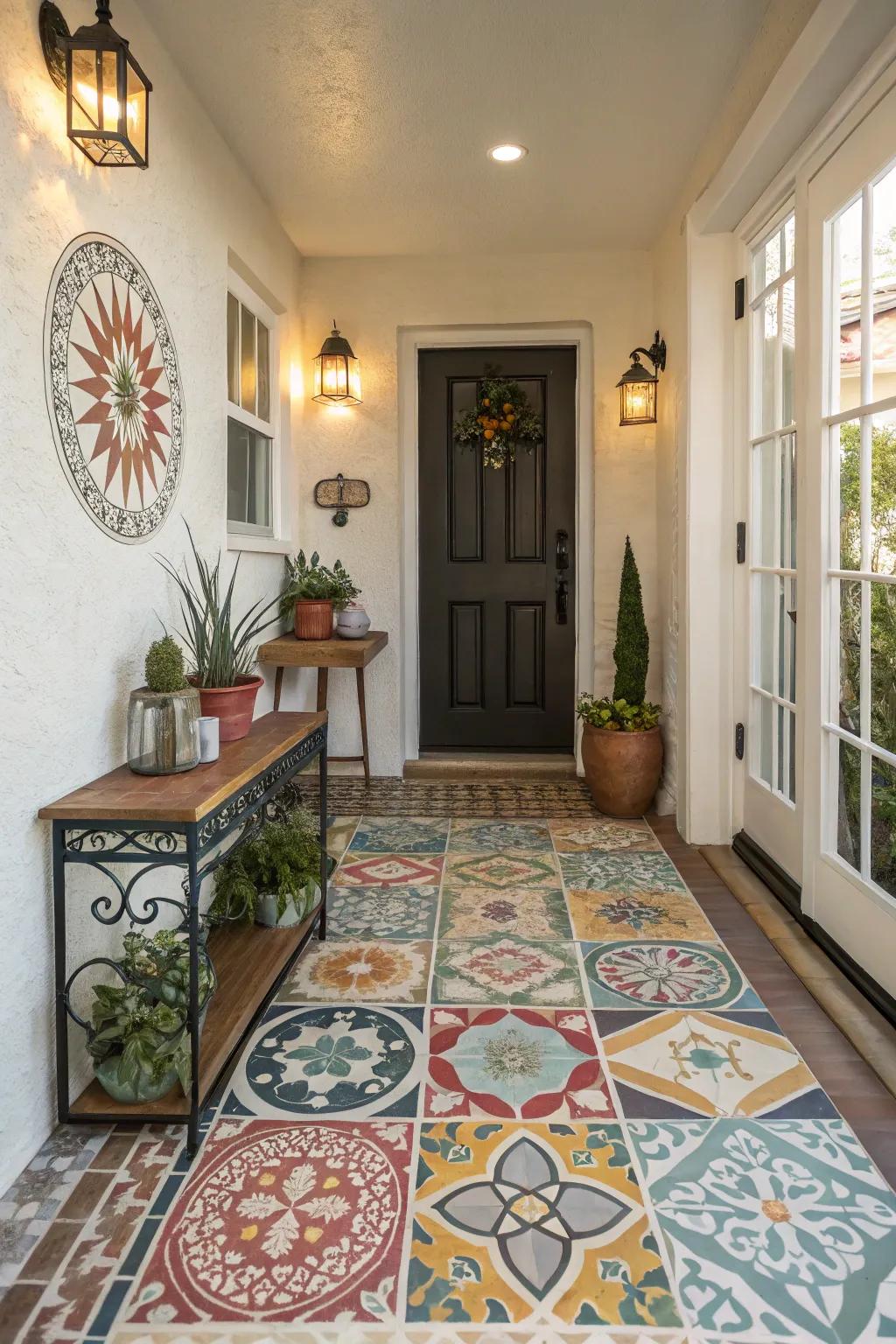 Designed tiles craft a vibrant and welcoming entrance.