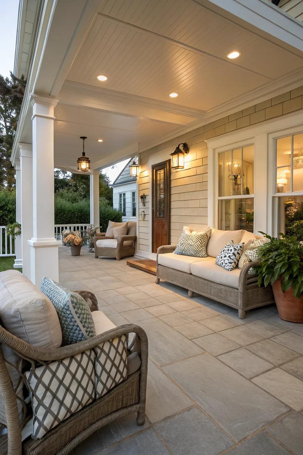 Light tiles and an open design render this porch ideal for relaxation and gatherings.