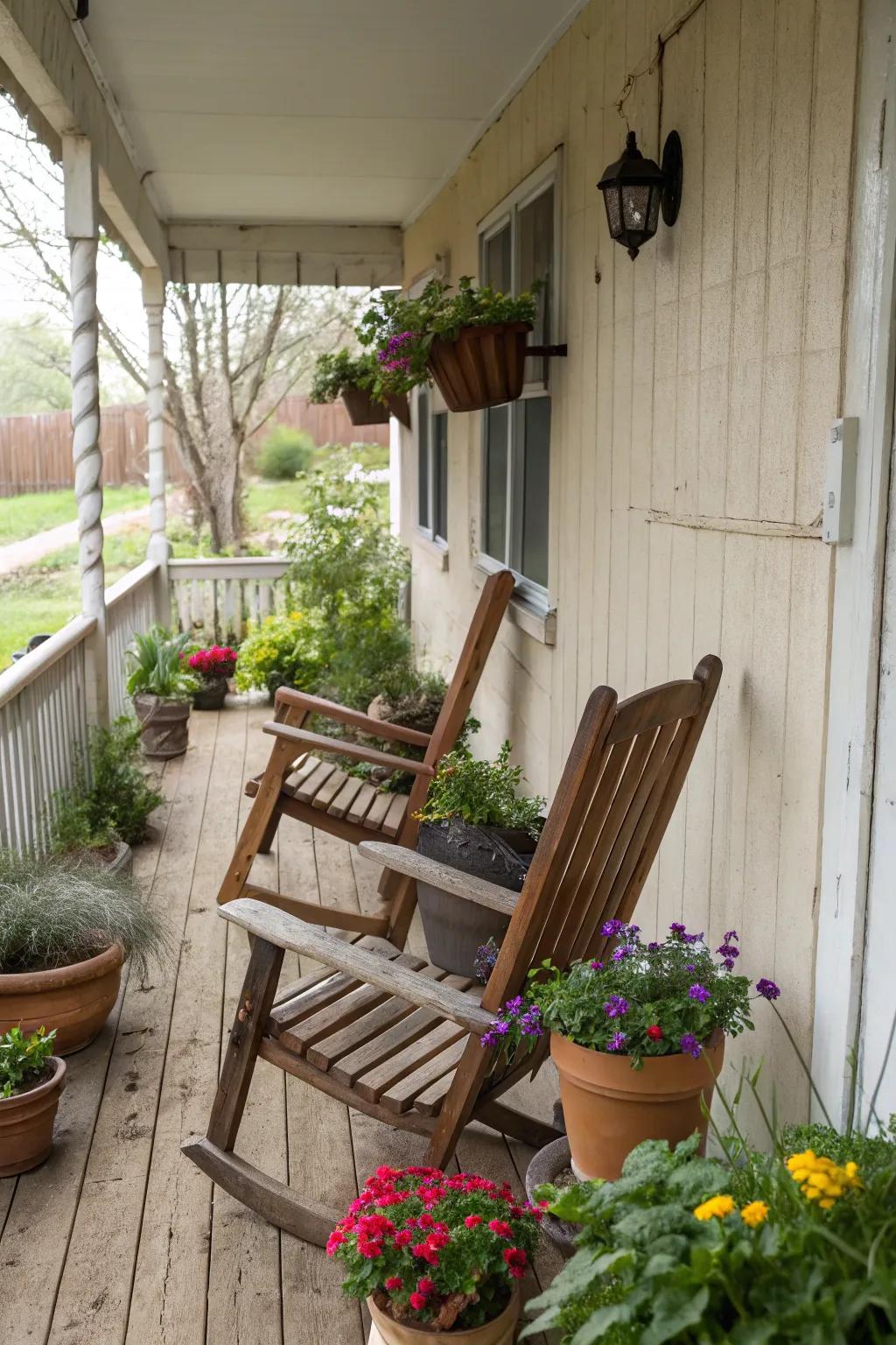 Embrace the rustic magnetism of wood on a compact porch.