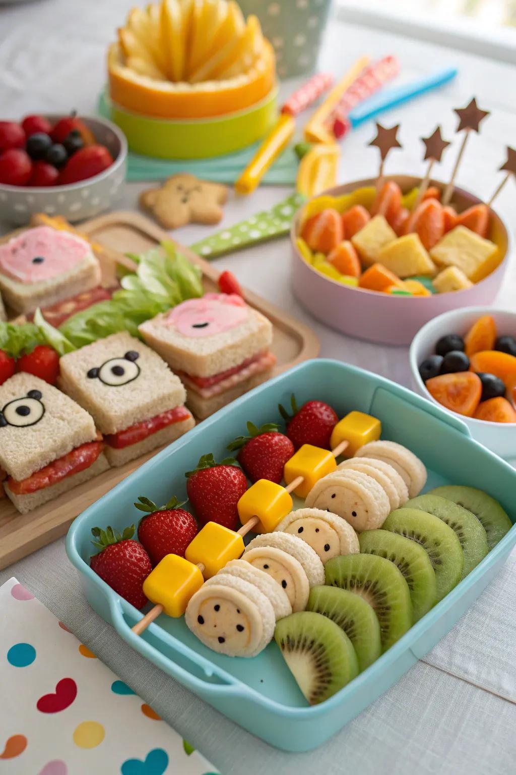 A themed treat presentation delights toddlers using playful and palatable goodies.