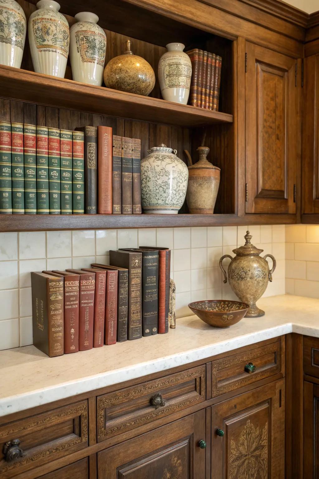 Create a nostalgic atmosphere with vintage finds above your cabinets.