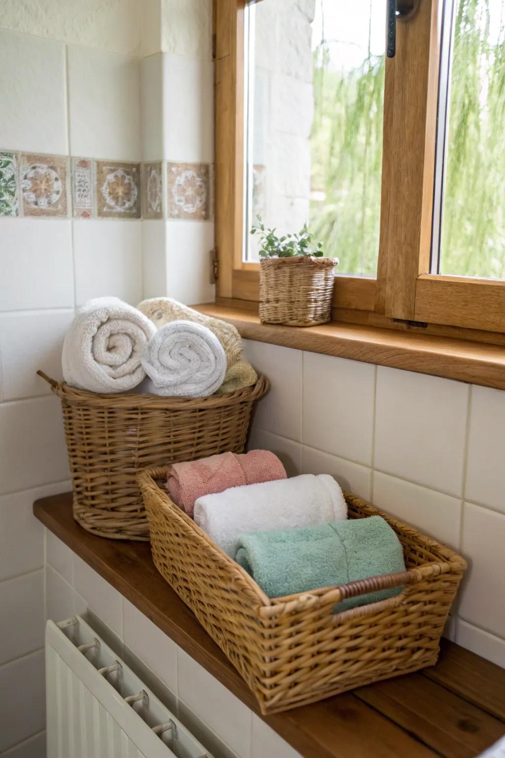 Baskets lend a rustic vibe while keeping towels tidy and within reach.