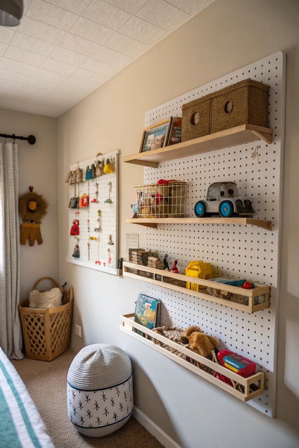 Utilize wall space with ledges and pegboards for toy management.