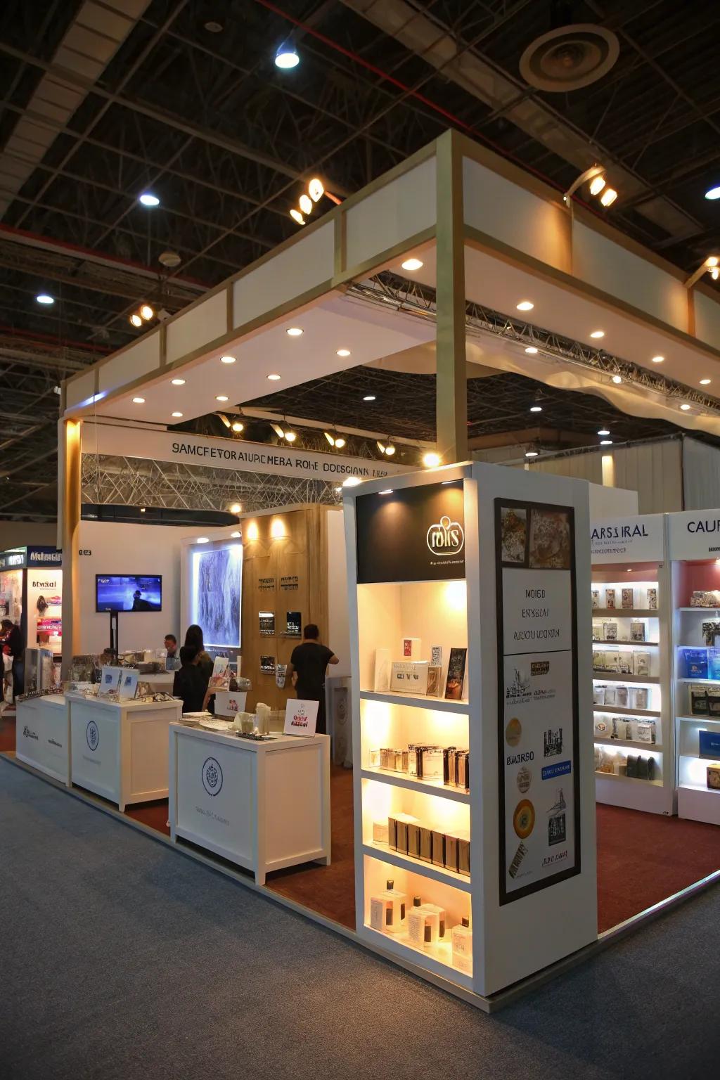 The ideal balance of ambient and accent lighting for a harmonious trade show setting.
