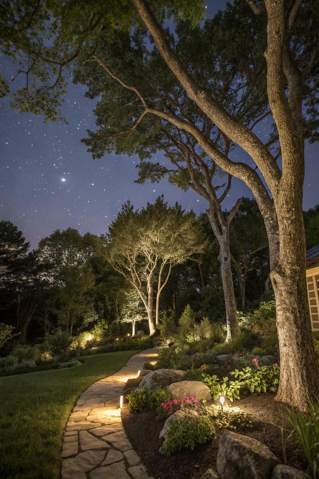 Nocturnal lighting underscores the inherent charm of trees.