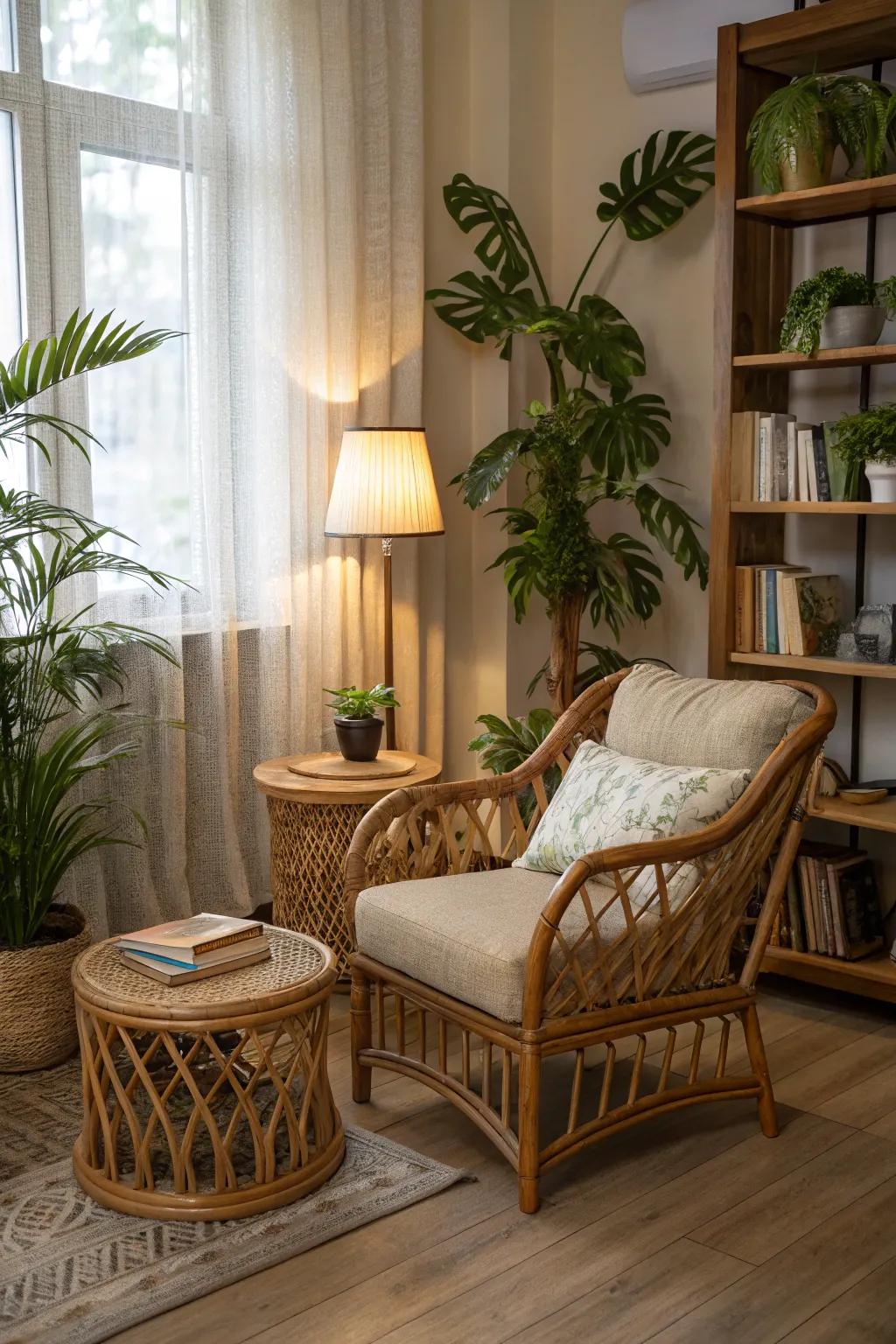 Organic materials add warmth and a grounded vibe to the area.