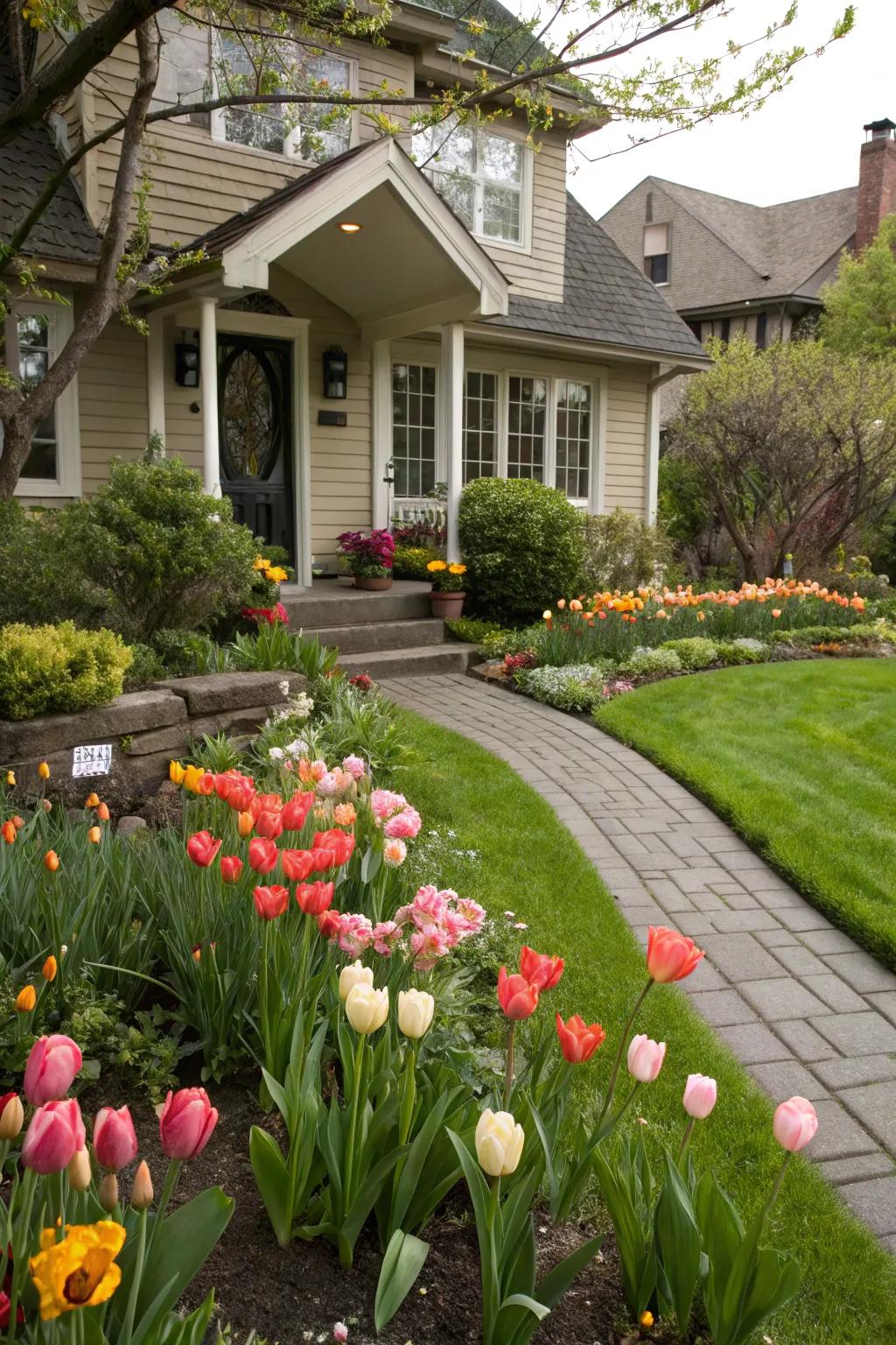 Inviting flowers: Tulips enhancing entryway charm.