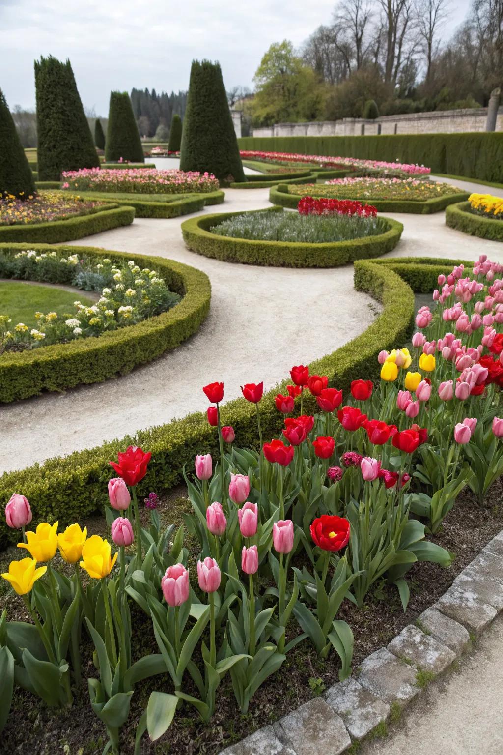 A formal garden arrangement featuring blossoms organized symmetrically, exemplifying refinement and order.