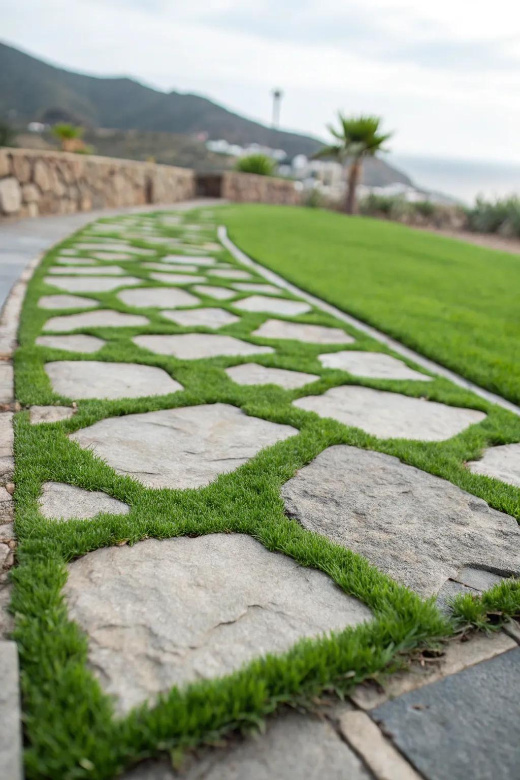 An inviting pathway featuring lawn among stones.