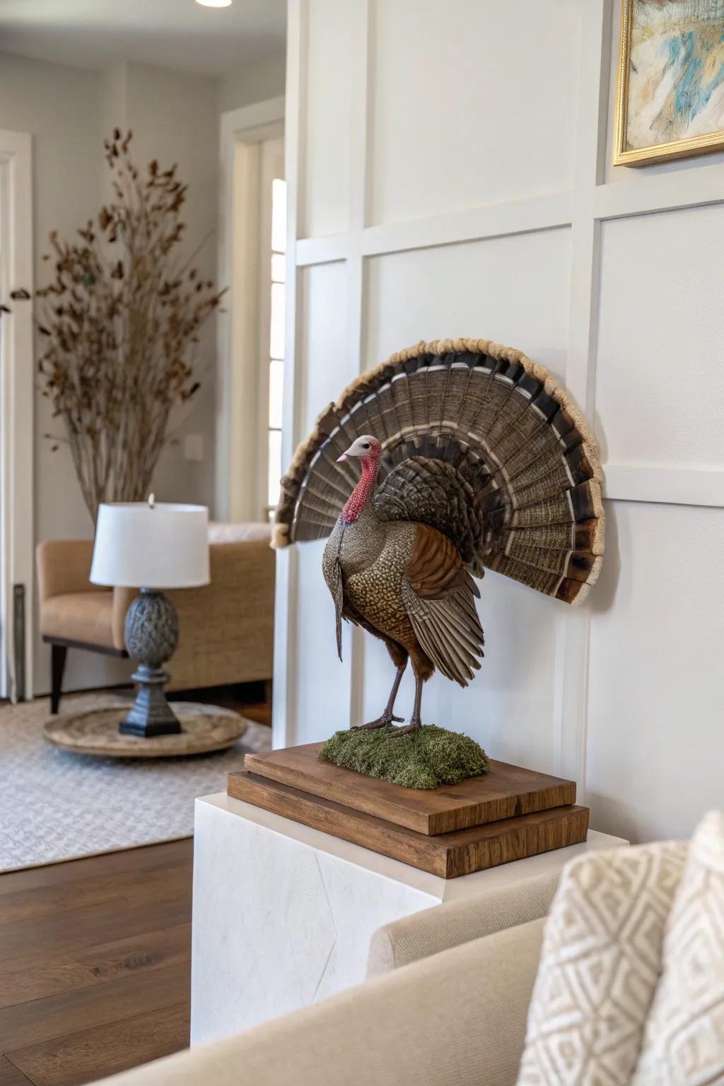 An earthy lumber surface accentuates the splendor of a turkey fan.