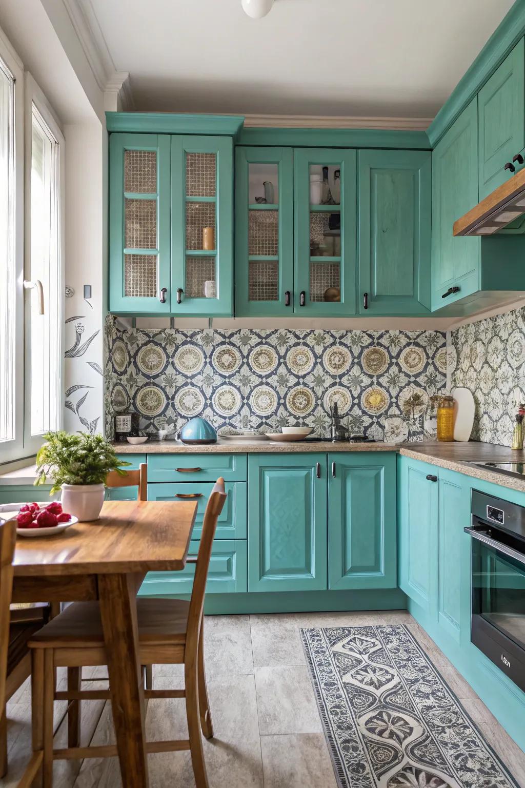An eye-catching backsplash bringing dimension to a kitchen immersed in turquoise hues.