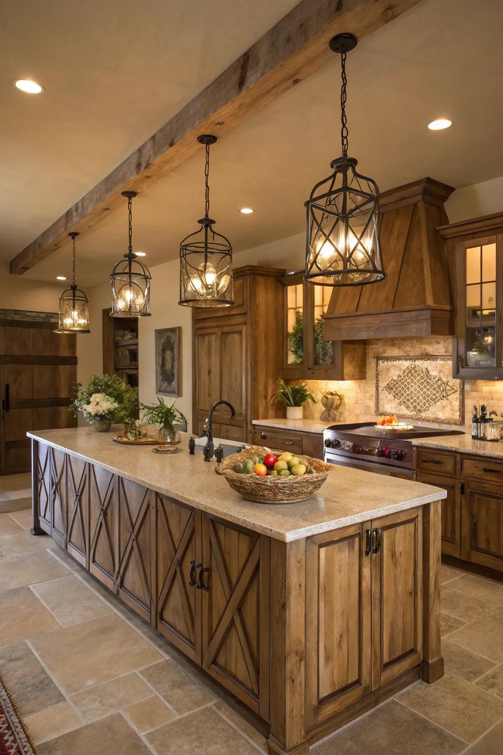 Hanging lights add class to kitchen spaces.