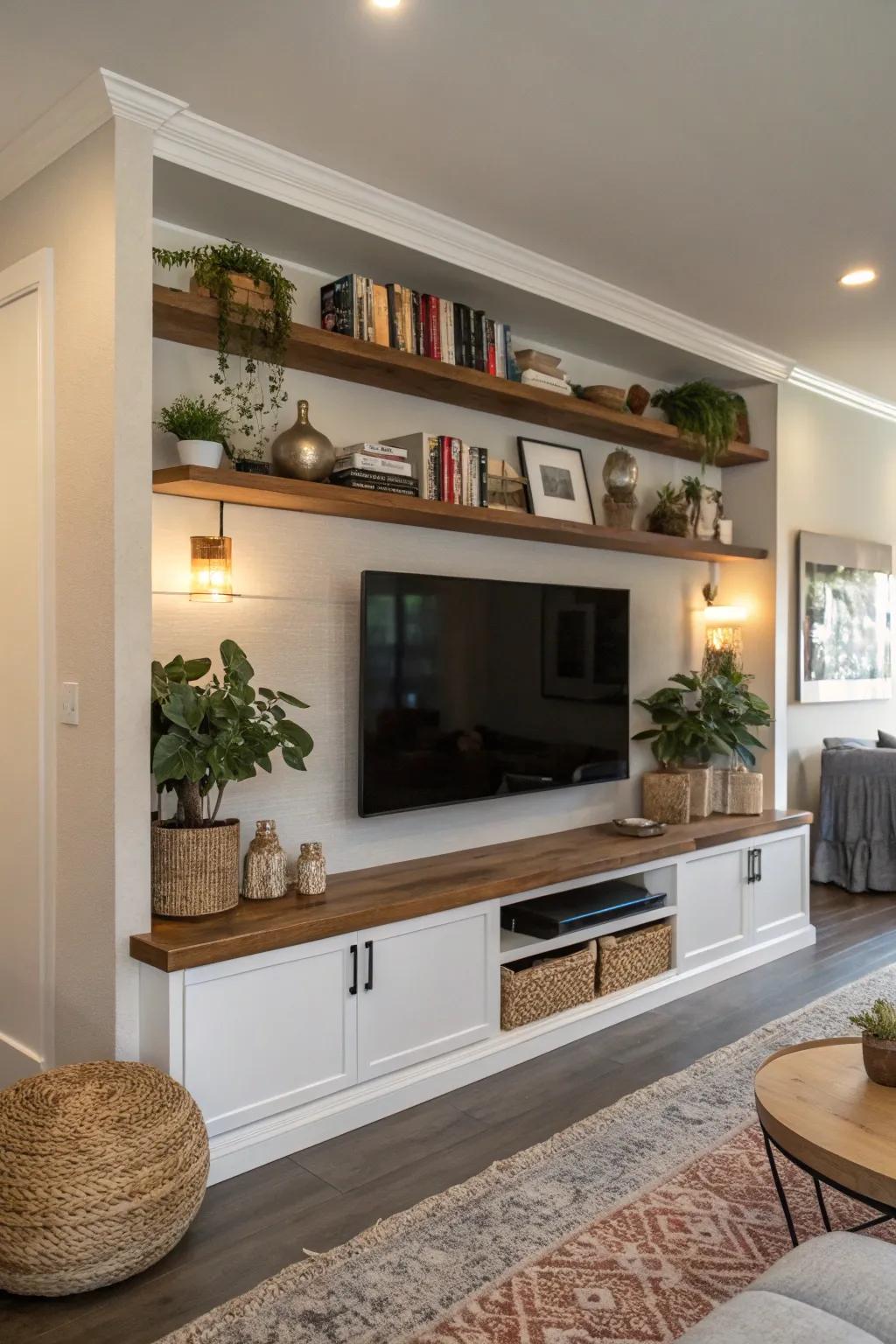 Drifting racks lend an ethereal touch to this TV wall.