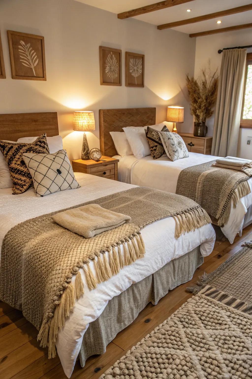 Texture mixing enriches twin bed arrangements with warmth and depth.