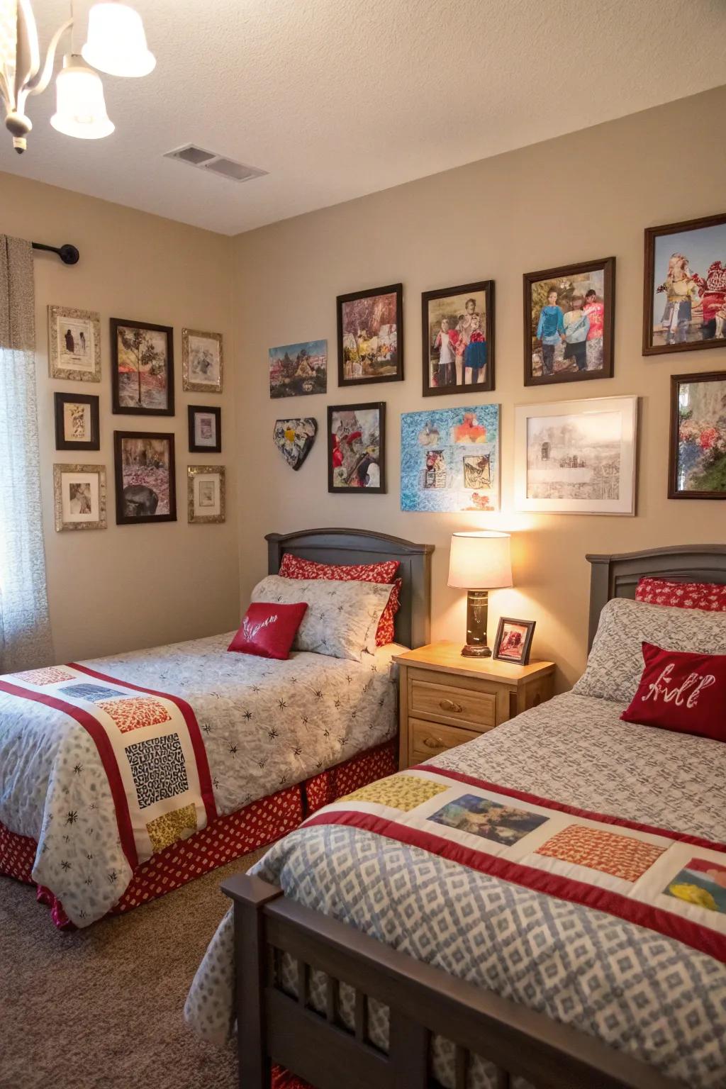 Wall art adds personality and vitality to the shared bedroom.