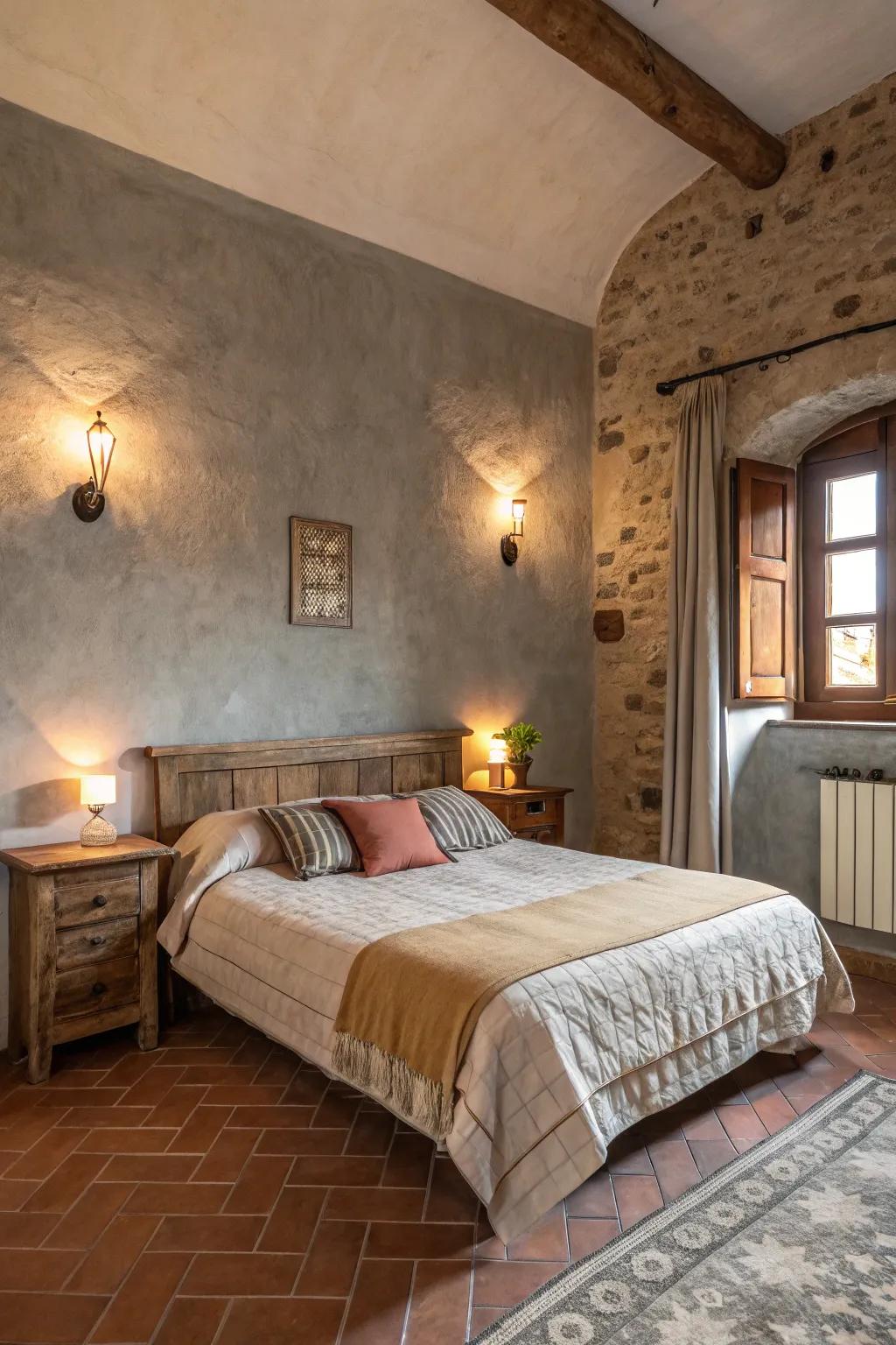 A snug bedroom featuring clay and pale stone walls, radiating warmth and comfort.