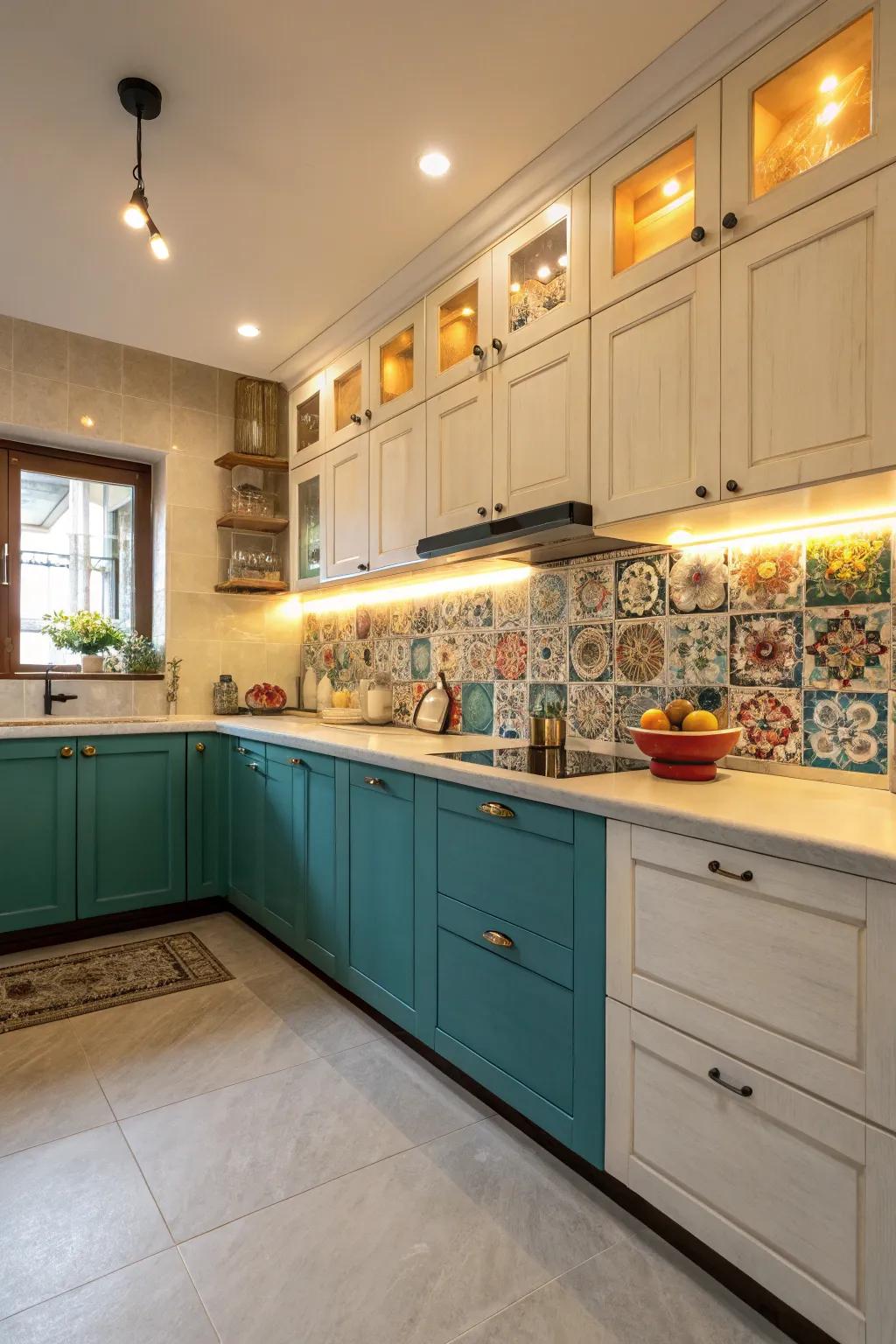 Aqua and cream cabinets bring a vibrant touch to this kitchen.
